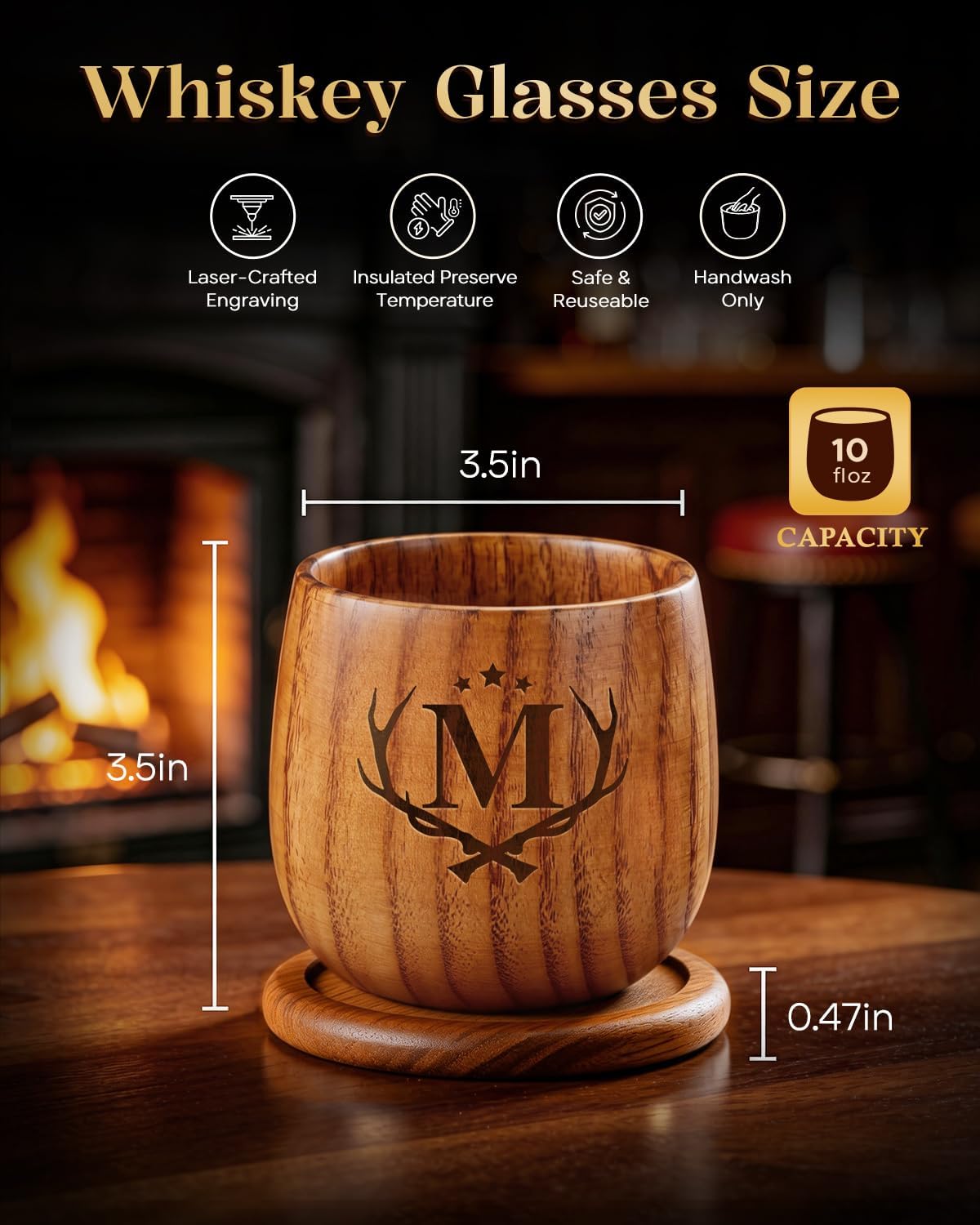 Father's Day Whiskey Glasses Birthday Gifts for Men Personalized Bourbon Glasses Engraved Wood Whiskey Tumbler Gifts for Men Him Husband Dad Whiskey Lovers Letter M Initial Bourbon Drinking Glass Cup
