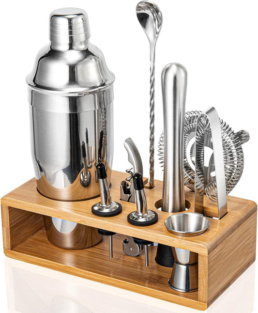 Cocktail Shaker Set, 18/8 Food-Grade Stainless Steel Mixology Bartender Kit 10-Piece Bar Tools with Stylish Bamboo Stand - Rust-Proof & Dishwasher Safe - Professional Martini Shaker Gift for Men, Dad - Silver Cobbler