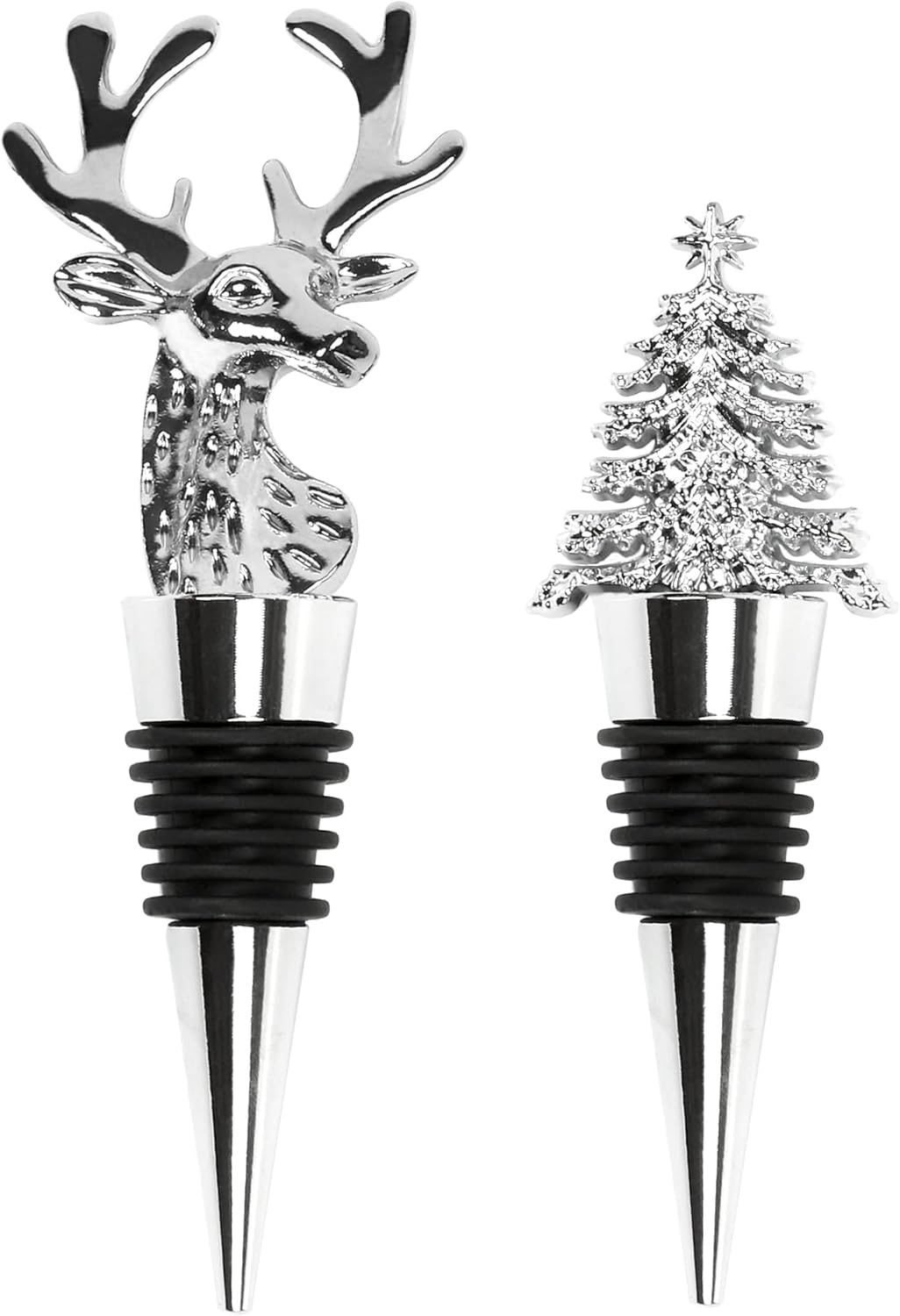 2Pack Christmas Wine Stopper, Elk & Christmas Tree Shape Decorative Wine Bottle Stopper, Food-Grade Silicone & Zinc Alloy Airtight Wine Cork for Wine Champagne, Xmas Party Home Bar Holiday Gift Silver