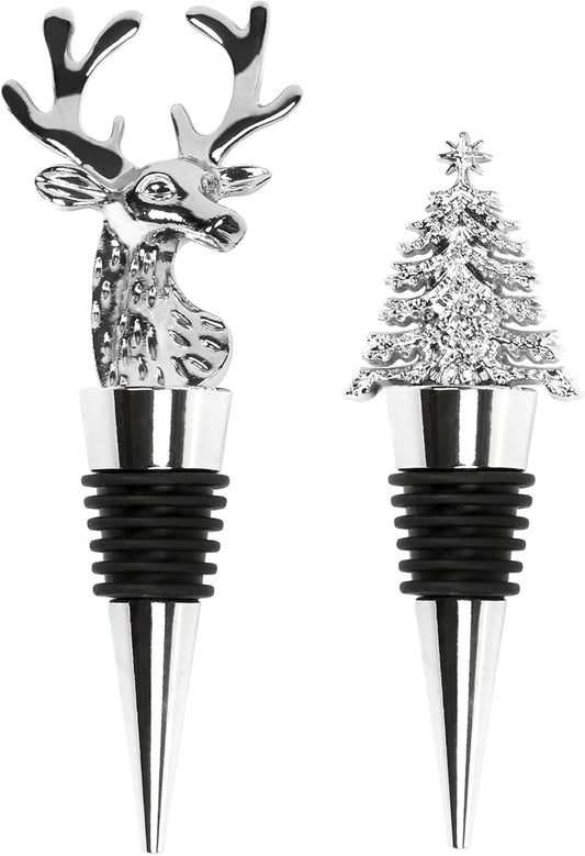 2Pack Christmas Wine Stopper, Elk & Christmas Tree Shape Decorative Wine Bottle Stopper, Food-Grade Silicone & Zinc Alloy Airtight Wine Cork for Wine Champagne, Xmas Party Home Bar Holiday Gift Silver