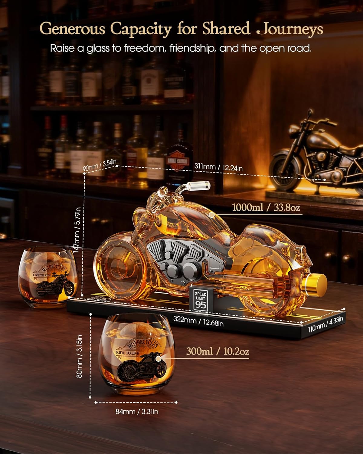 Kollea Birthday Gifts for Men Dad, Motorcycle Whiskey Decanter Set with 2 Glasses, Liquor Dispenser for Home Bar, Unique Gift for Him, Father, Boyfriend, Anniversary, Biker & Motor Lover, Christmas