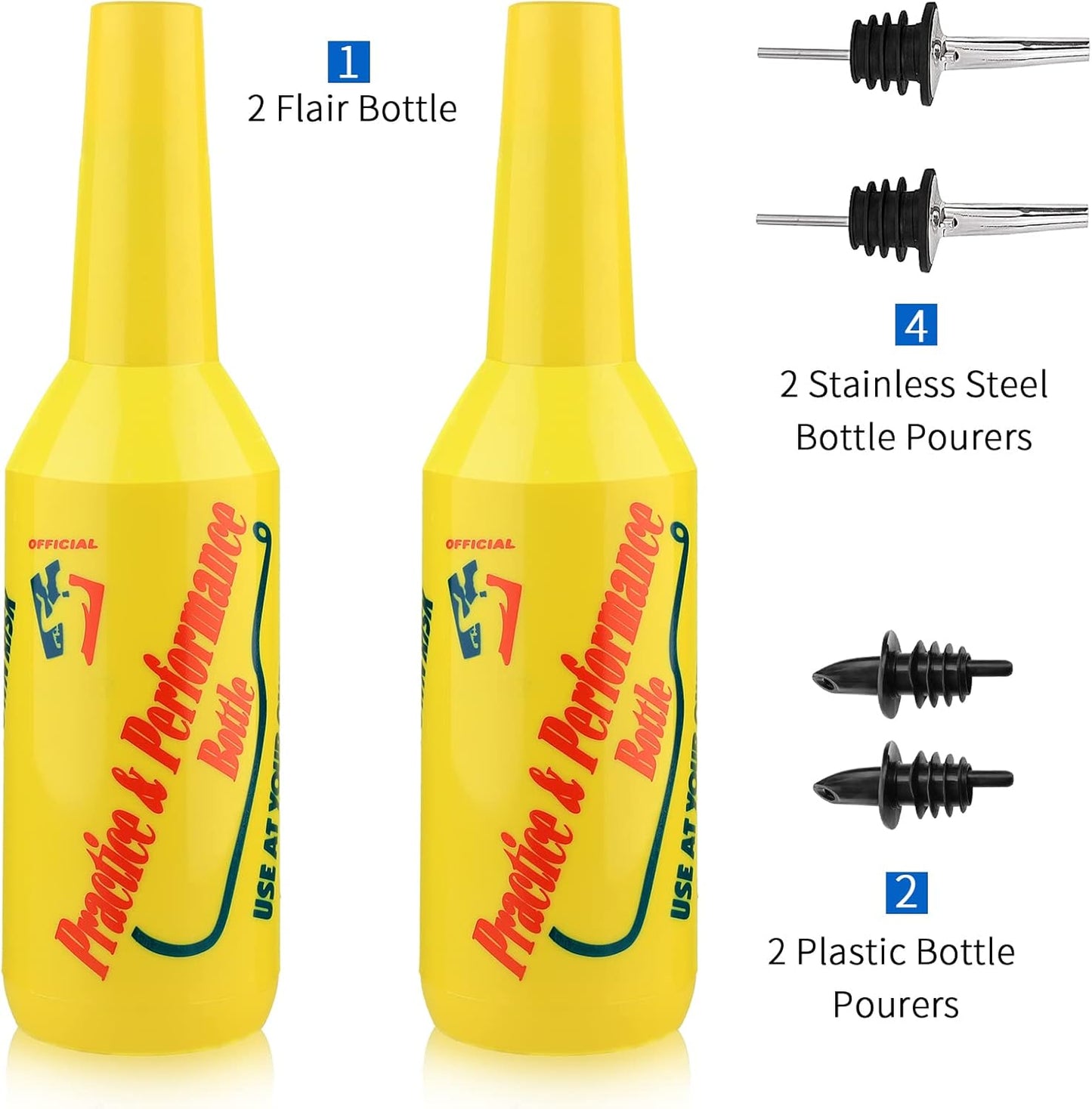 SuproBarware Flair Bottle - Yellow Flair Bartender Kit 7pcs, 2 Flair Bottle 25oz/750ml, 1 Boston Shaker, Flair Bartender Practice & Performance Bottle