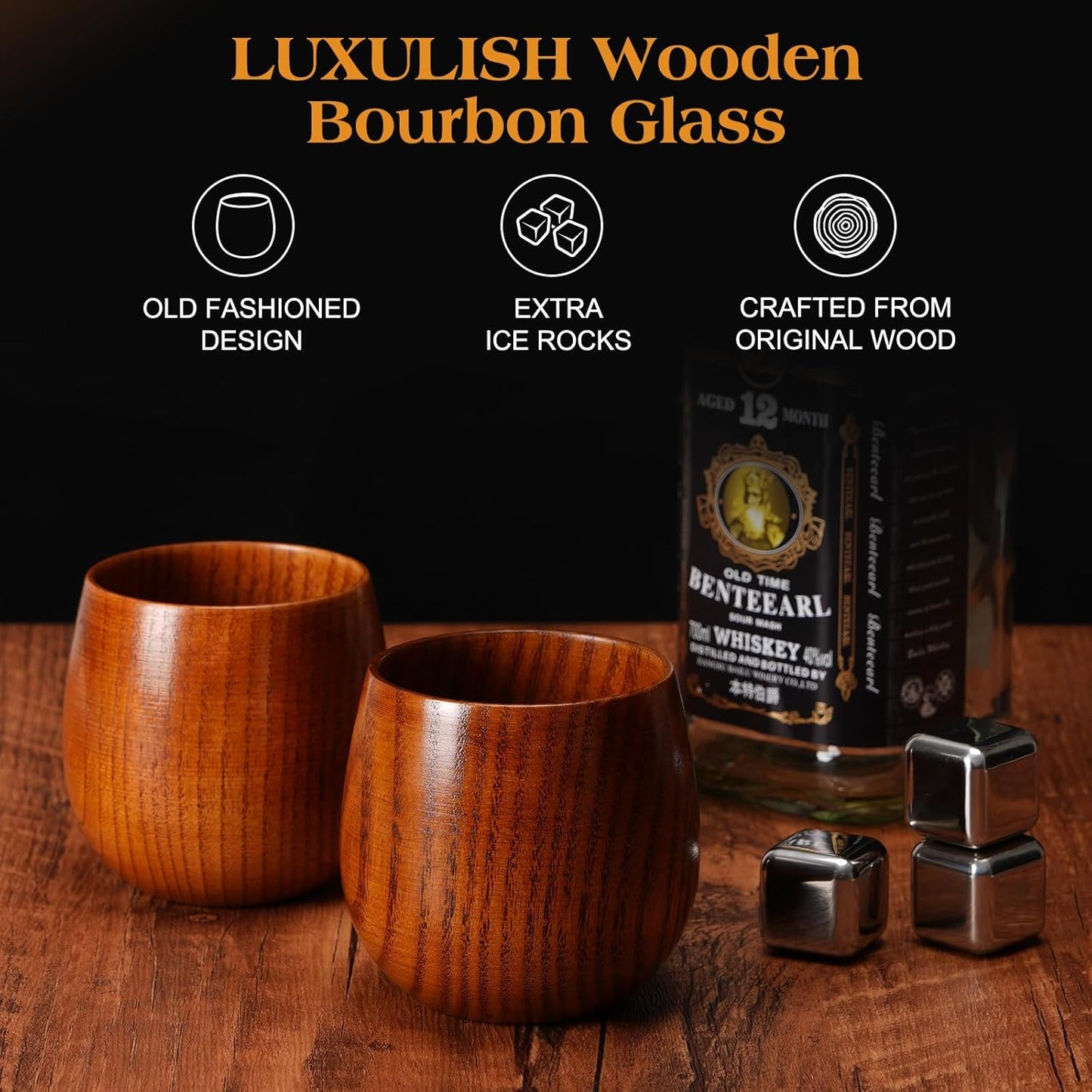 LUXULISH Wooden Bourbon Glass, Include 3 Stainless Steel Ice Cubes, The Original Wood Bourbon Drinking Tumbler, Old Fashioned Whiskey Glass Cup, Gifts for Men, Dad, Husband, Brother, Friends