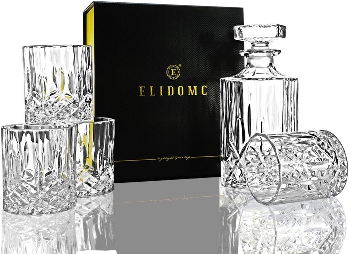 ELIDOMC 5PC Italian Crafted Crystal Whiskey Decanter & Whiskey Glasses Set, Crystal Decanter Set With 4 Whiskey Glasses, Whiskey Decanter Sets for Men.