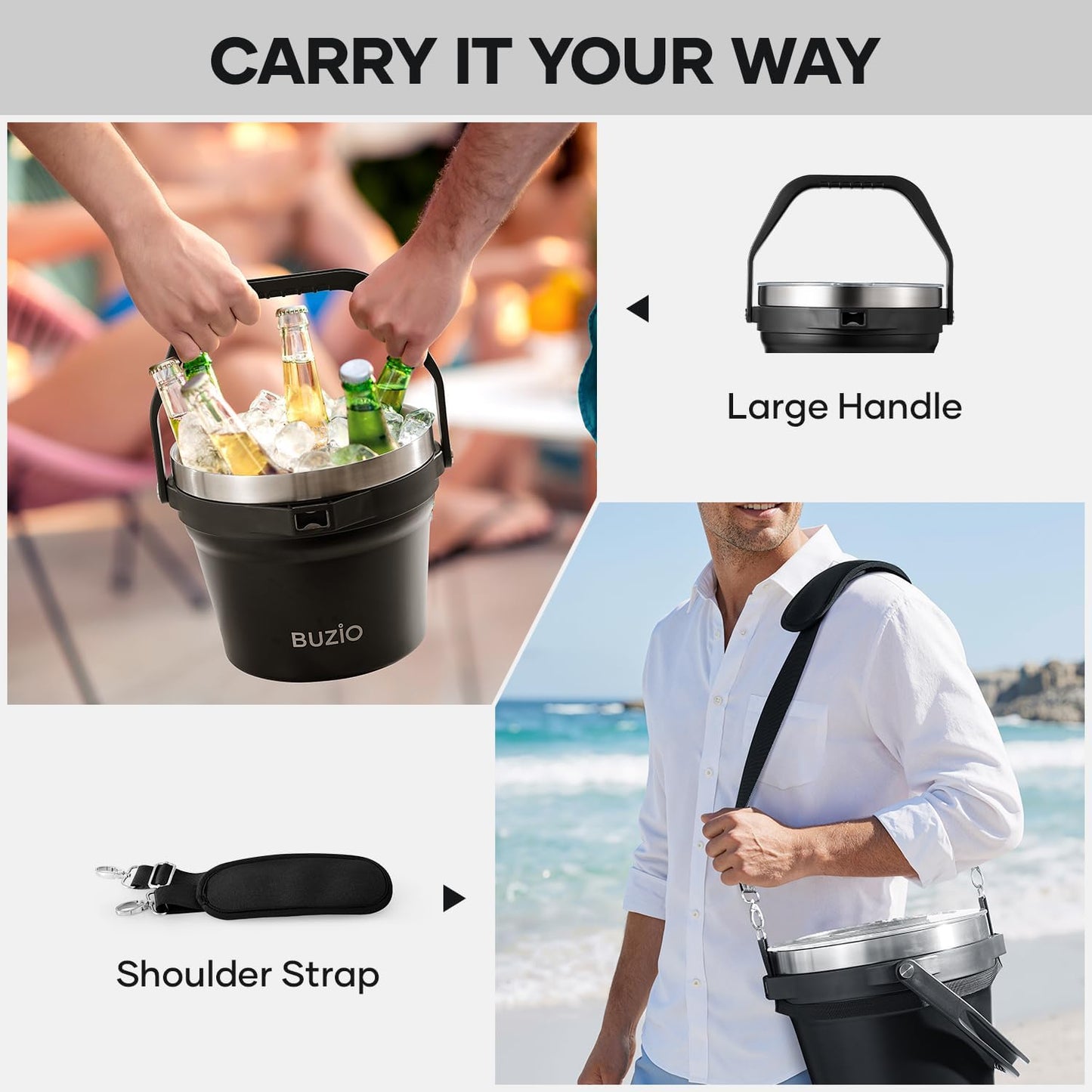 BUZIO 7.4 Qt/7 L Insulated Ice Bucket with Lid and Scoop & Tongs for Parties, Double Wall Vacuum Stainless Steel, Holds 6 Longnecks or 3 Wine Bottles, Large Beverage Bucket for Cocktail Bar, Black
