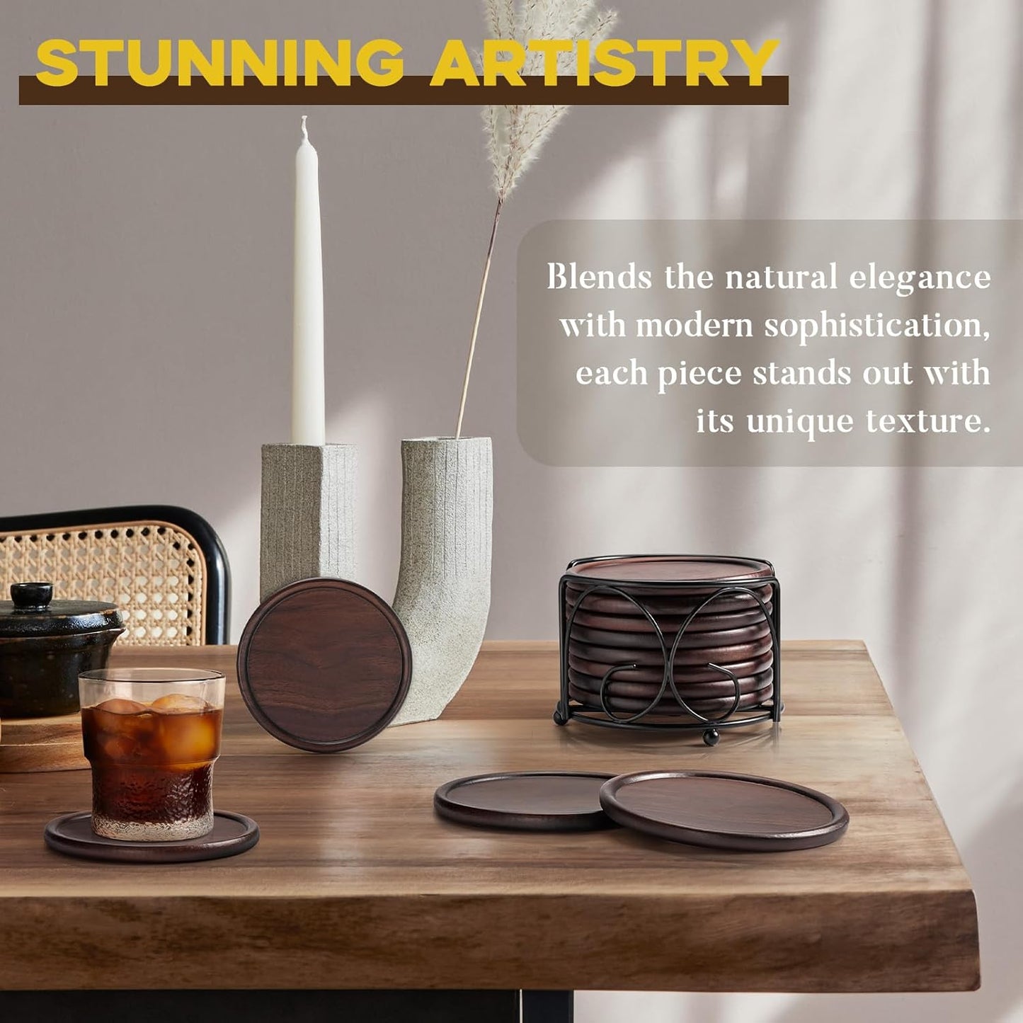 Wood Coasters with Holder, GOH DODD Set of 8 Walnut Wooden Coaster Tabletop Protection for Drinks Coffee Table Home Kitchen Office Bar Living Room Decor Housewarming Gifts Wedding Party, 4 Inch