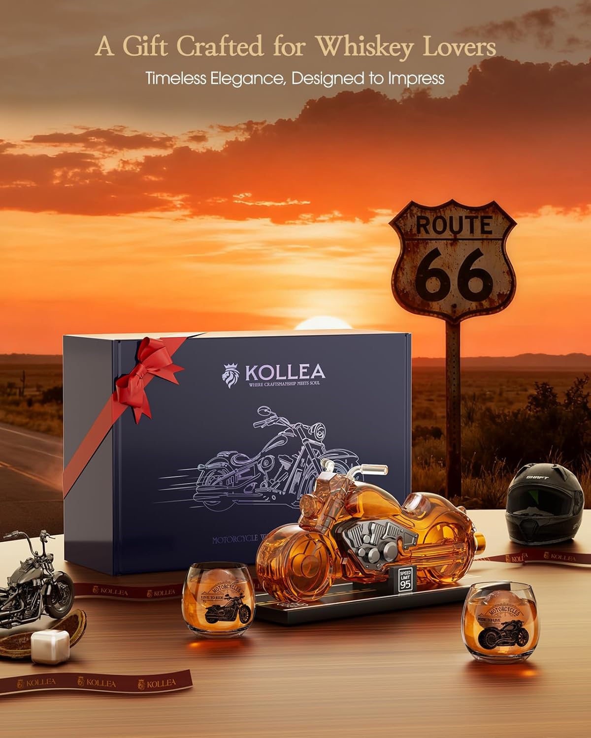 Kollea Birthday Gifts for Men Dad, Motorcycle Whiskey Decanter Set with 2 Glasses, Liquor Dispenser for Home Bar, Unique Gift for Him, Father, Boyfriend, Anniversary, Biker & Motor Lover, Christmas