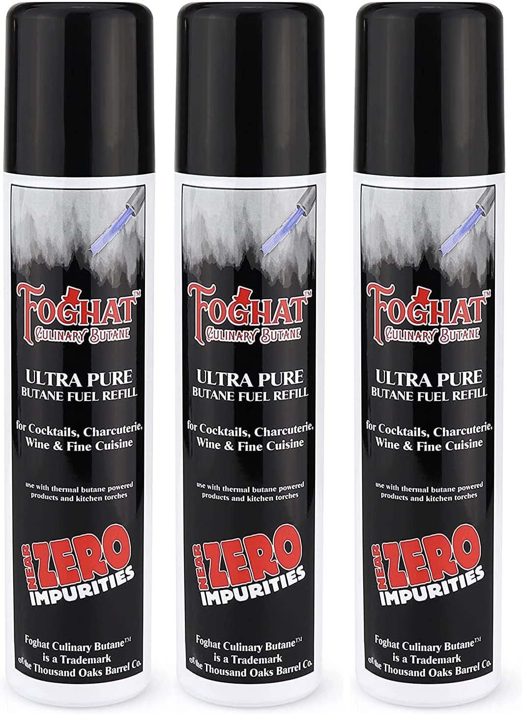 Foghat Culinary Butane Fuel Refill (3 x 60ml) - Torch Lighter Butane Refill Canister, Fits All Kitchen Smoking Torches - Food Grade Ultra Refined For Cocktail Smoker Kit, Creme Brulee Torch