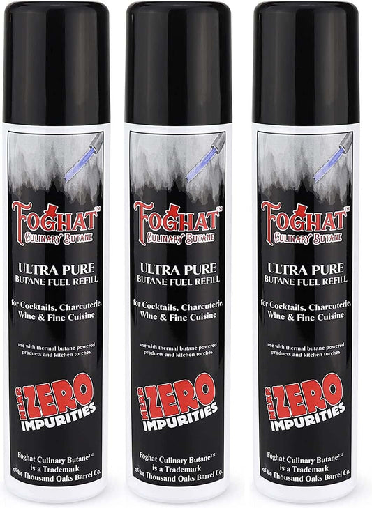 Foghat Culinary Butane Fuel Refill (3 x 60ml) - Torch Lighter Butane Refill Canister, Fits All Kitchen Smoking Torches - Food Grade Ultra Refined For Cocktail Smoker Kit, Creme Brulee Torch