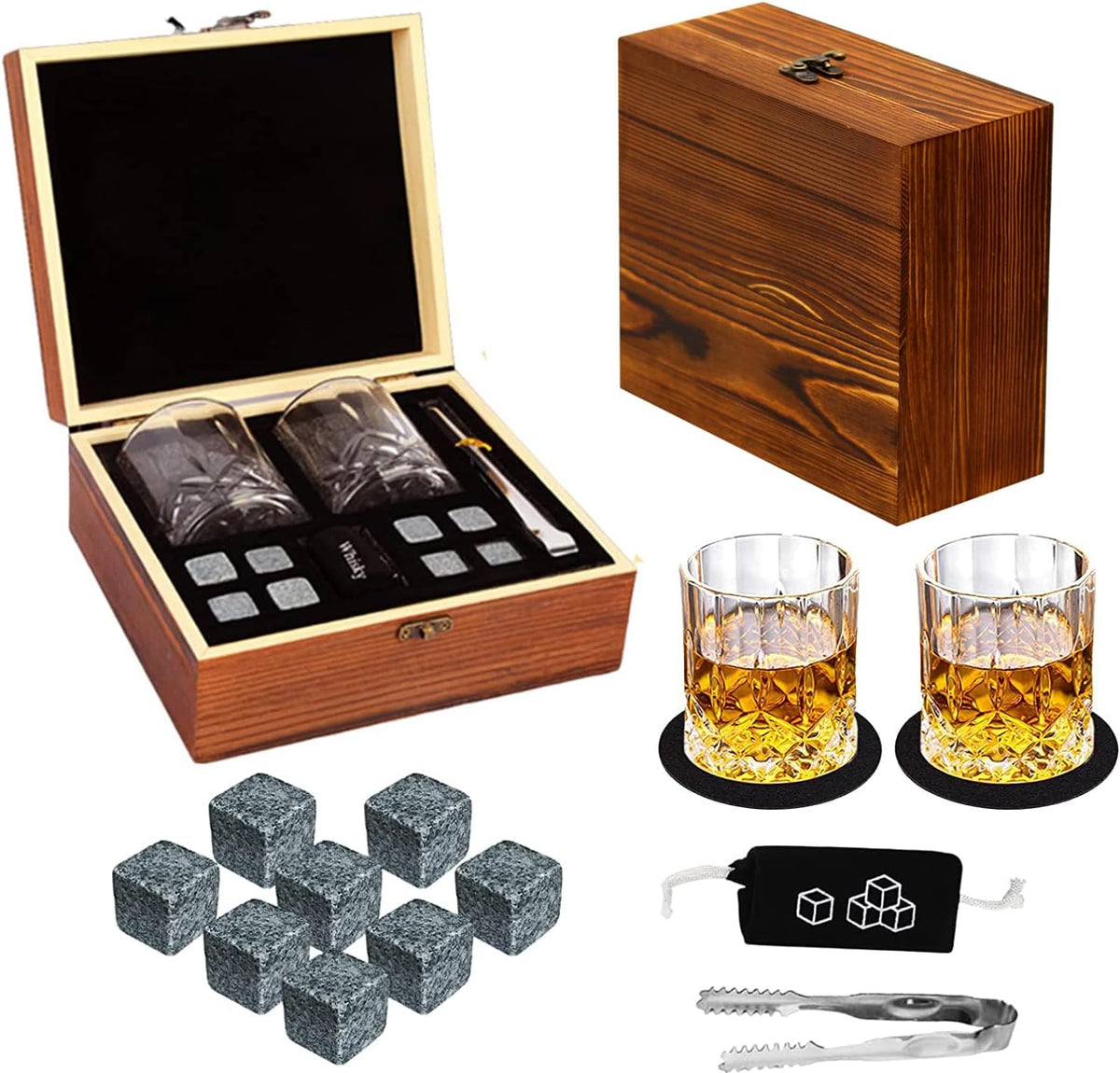 Whiskey Set Gifts for Men, DIOXADOP 6 Stainless Steel Whisky Stones 2 Crystal Whisky Glasses 1 Blessing Card in a Exquisite Wooden Box, Prepare a Gift for Whiskey Scotch Bourbon Lover - Whiskey Chilling Rocks Set