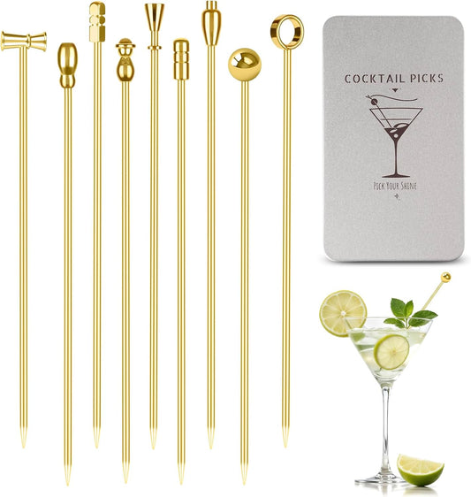 Metal Cocktail Martini Picks Gold, 4.1 in Olive Skewers Stainless Steel, Martini Garnish Sticks Reusable, Metal Toothpicks for Drinks, Appetizers, Cheese, Gift for Mother Bar Accessories - 9 Pcs