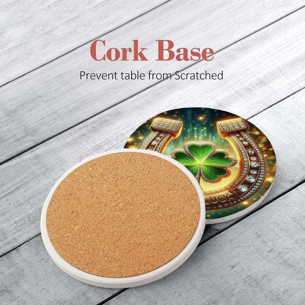 St Patricks Day Gold Green Drink Coasters Set of 6, Round Absorbent Ceramic Coaster, with Metal Holder and Cork Base,Luck Shamrock Clover Coasters for Coffee Table Kitchen Housewarming Gifts
