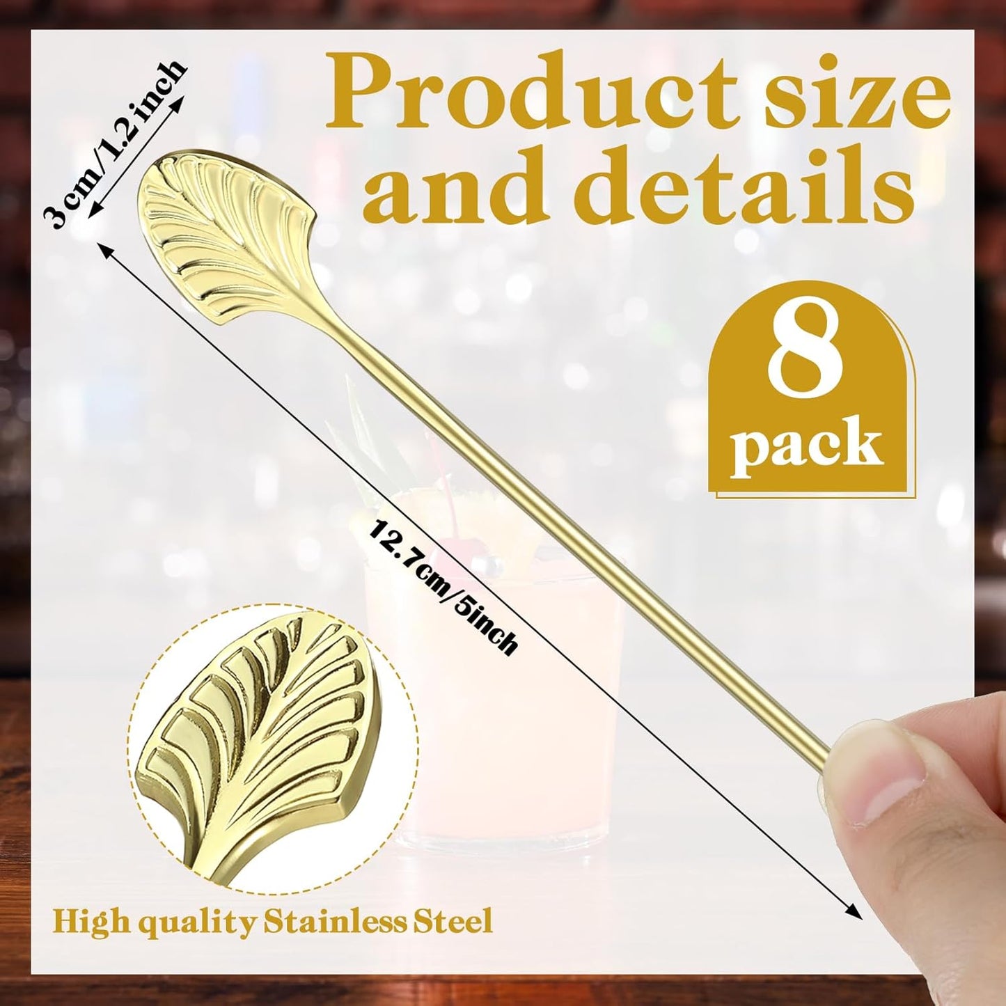 Chengu 8 Pcs Gold Art Deco Cocktail Picks 5 Inch Stainless Steel Cocktail Skewers for Drinks Martini Sticks for Barware Accessories, Dinner Party, Movie Night