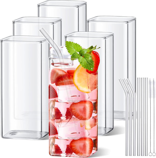 Sumind Set of 6 Square Drinking Glasses, Square Glass Cup 13 oz, Modern Highball Glassware Set, Thin Cocktail Glasses with Straws and Straw Brushes for Cocktail Coffee Water Juice Beer Drink Tumbler