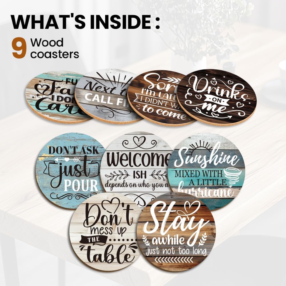 ANATTASOUL Coasters Set of 9 Funny Phrase Pattern Colorful Wooden Coasters Bulk Round Housewarming Gift for New Home, 3.9" Decorative Coffee Table Protection for Farmhouse Bar House Decor