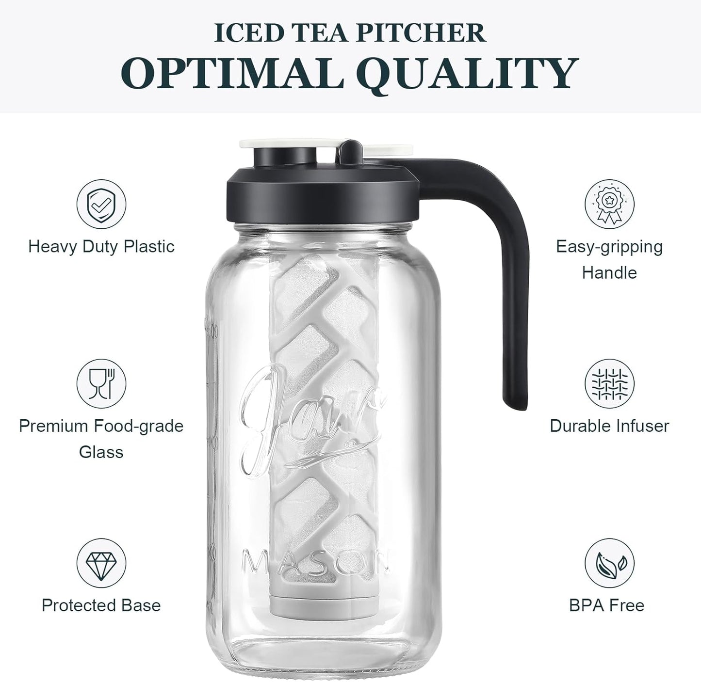 AOZITA Iced Tea Maker Pitcher with Infuser and Lid - 2 Quart Glass Mason Jar Pitcher Leak-proof Water Jug, Heavy Duty Glass Container for Tea, Water, Juice, Milk, Iced Coffee, and Drinks