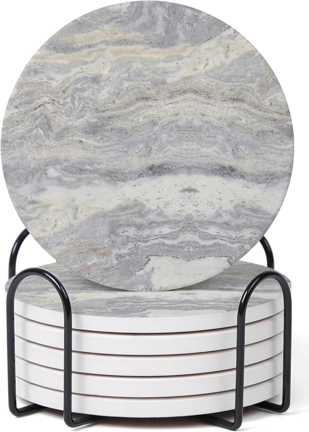 Set of 6 Light Gray Abstract Onyx Marble Coasters with Holder, Absorbent Ceramic Coasters for Drinks, Coasters with Cork Backing for Table Protection, Coffee Table Decor