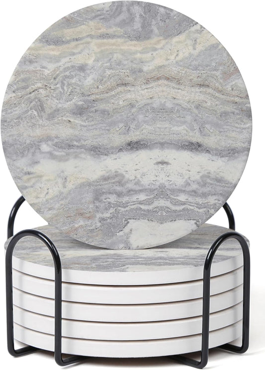 Set of 6 Light Gray Abstract Onyx Marble Coasters with Holder, Absorbent Ceramic Coasters for Drinks, Coasters with Cork Backing for Table Protection, Coffee Table Decor