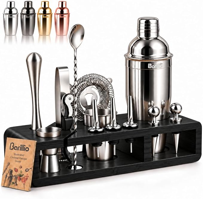 Barillio Bartender Kit - Stainless-Steel Cocktail Shaker Set w/Bamboo Stand - Mixology Bar Tools w/Drink Shaker, Mixer Spoon & Muddler for Cocktails - Home Bar Accessories - 23-Pc Bar Set - Silver - Silver - Black Bamboo