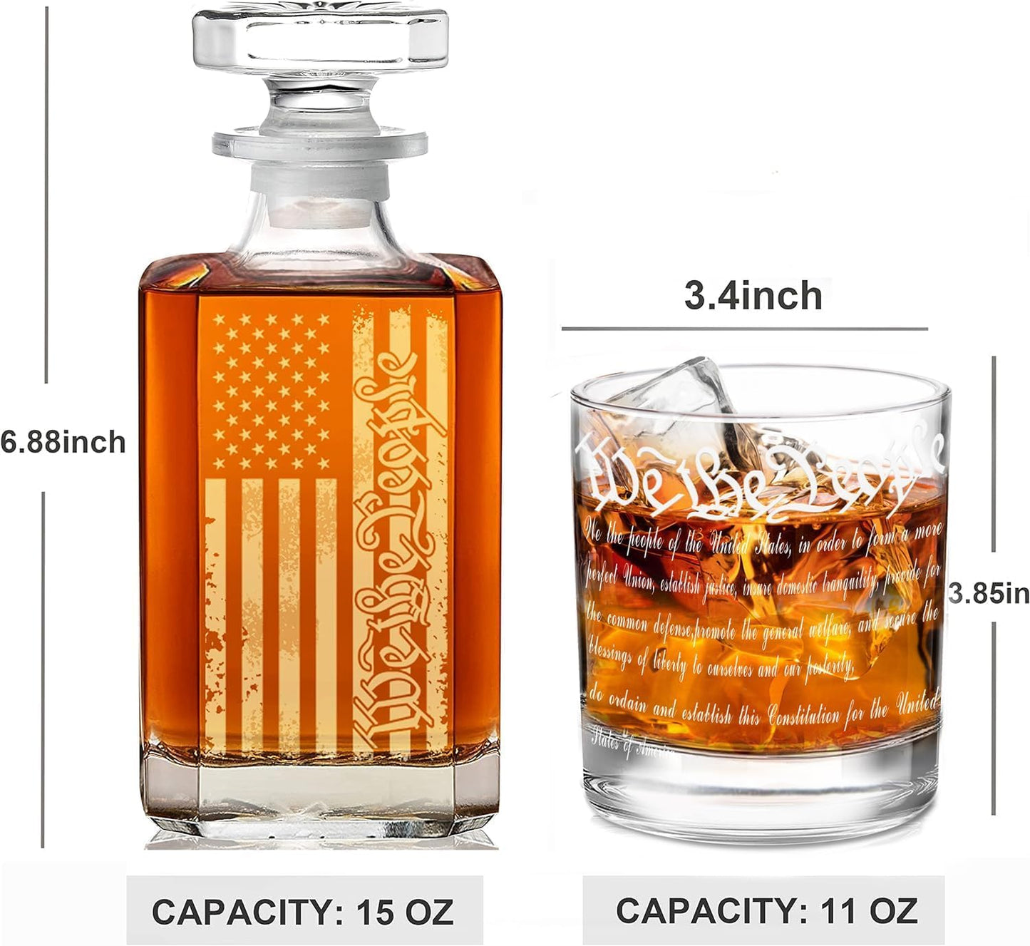Whiskey Decanter Engraved We The People American Flag Decanter Set with 2 Glasses for Liquor Scotch Bourbon or Wine, Father's Day Patriotic Gift, 250 Anniversary Whiskey Bottle