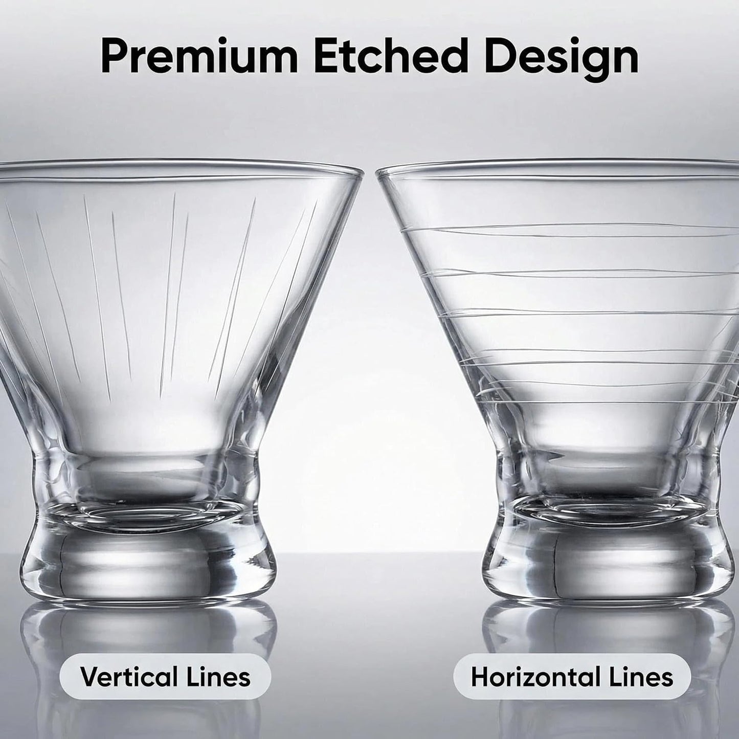Cocktail Shaker Glass,Martini Maker Set/Kit. Stemless Martini Shaker Glasses S/ 2-8 oz w/Design, Free Crystal Espresso Glass, Coupe for Holiday, Christmas,Parties,BBQ, Outdoor.