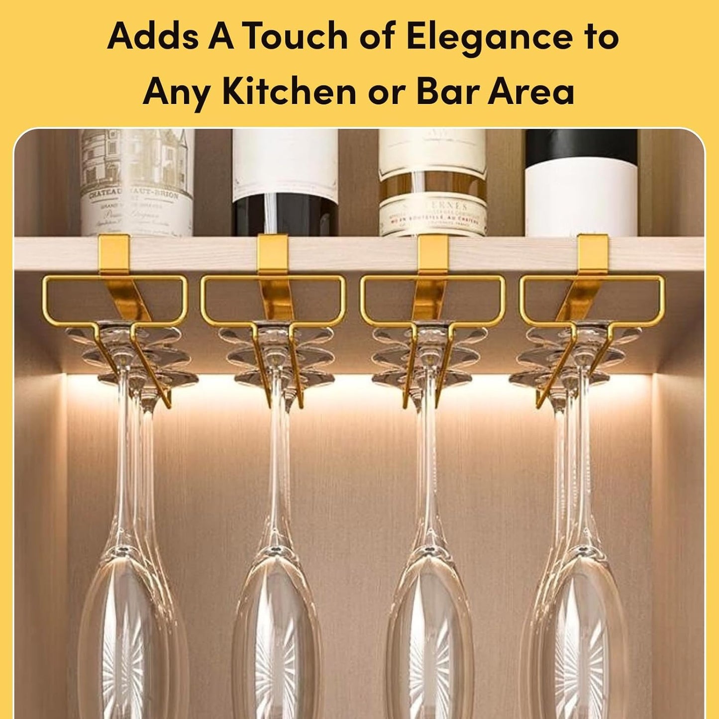 LINFIDITE Gold Under Cabinet Wine Glass Holder, 2 Pack, Space Saving, Easy Installation, Anti-Skid, Compact Design, Sturdy Materials, Affordable Gift