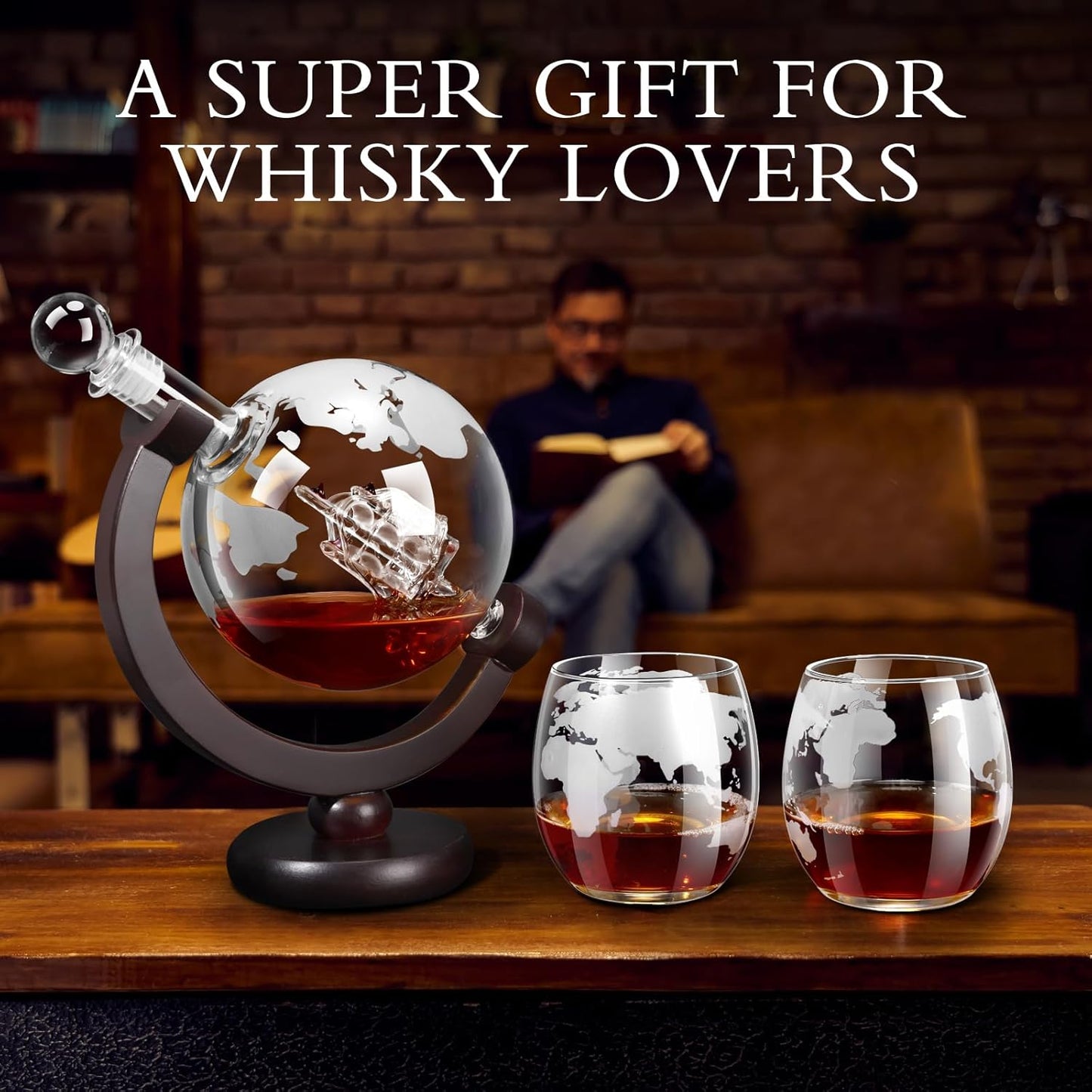 Whiskey Decanter Sets for Men, Whiskey Decanter Globe Set, Gifts for Men Dad Valentines Day with 2 Etched Globe Whisky Glasses for Liquor, Bourbon, Cocktails, Scotch liquor decanter Sets - 850ml