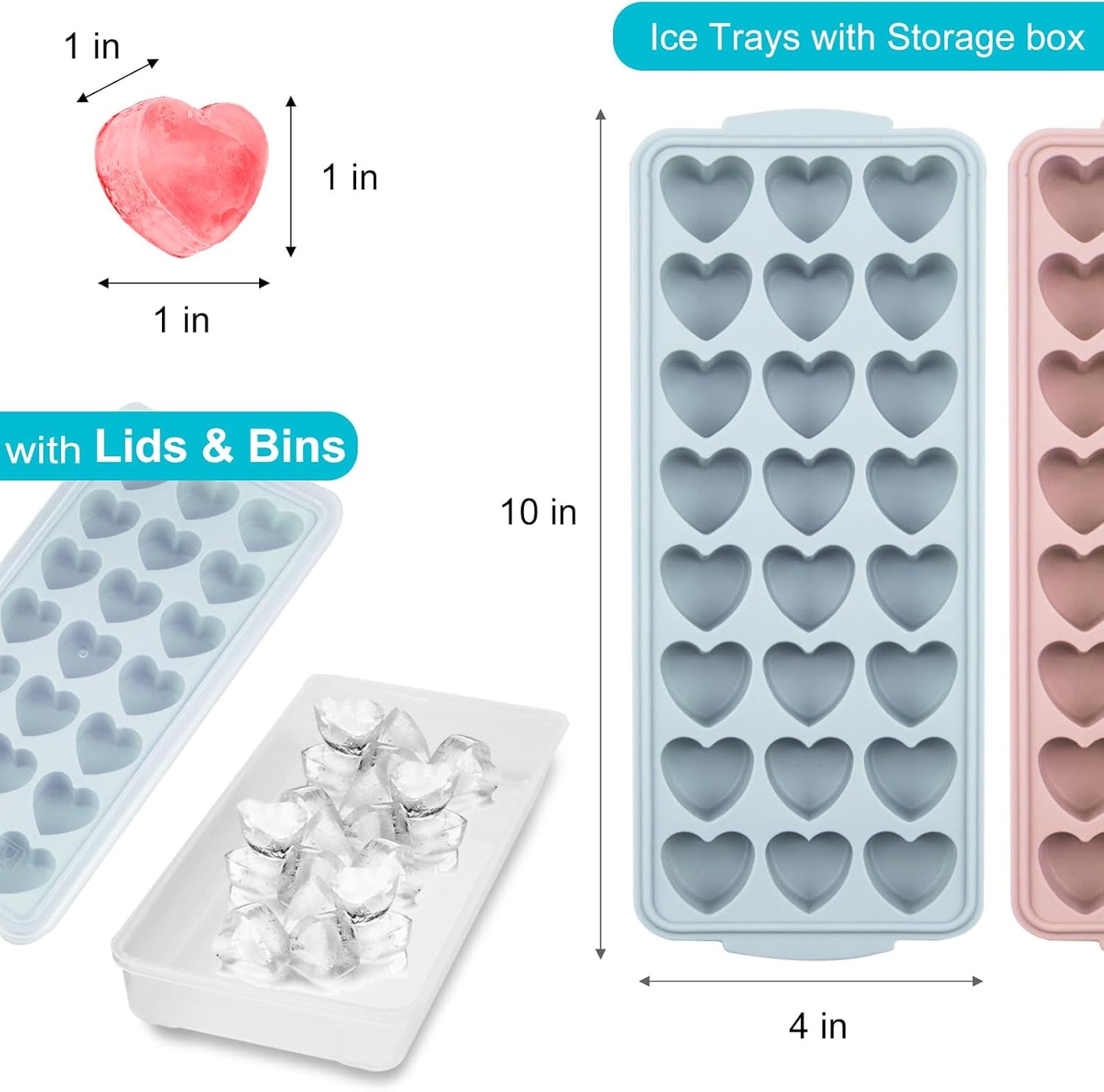 2 Pack Heart Shpaed Ice Cube Trays with Lids and Bins Ice Molds with Ice Storage Box, 48 Holes Silicone Heart Ice Cube Tray for Whiskey Cocktail Fun Shapes Cubes, with Lids & Bins