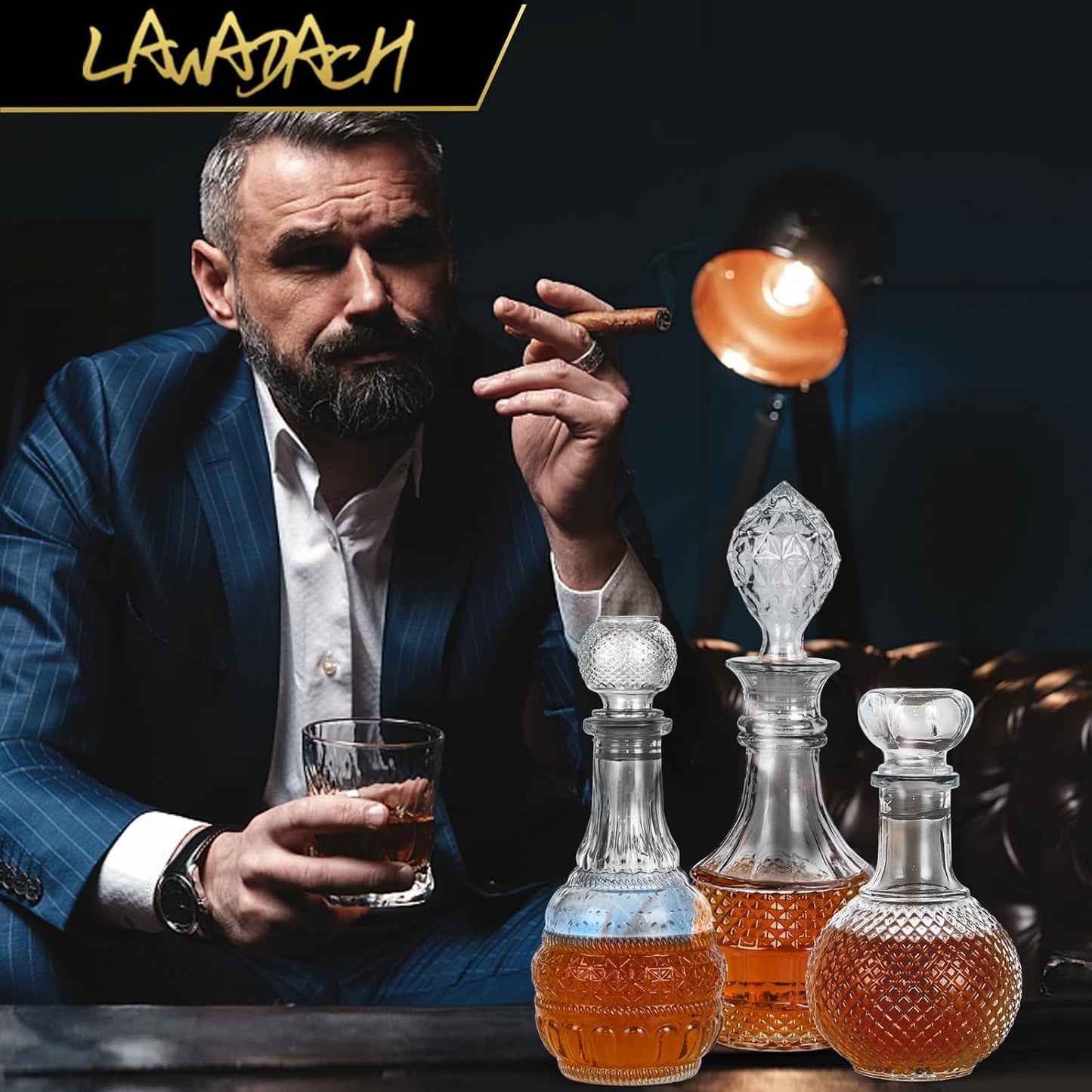 LAWADACH Liquor Decanters Whiskey Decanter Set - Creative Glass Decanter for Liquor,Decanter for Tequila,Bourbon and Vodka Unique Whiskey Presents for Man,Dad and Home Bar Decor(17.6oz*2, 17oz*1)