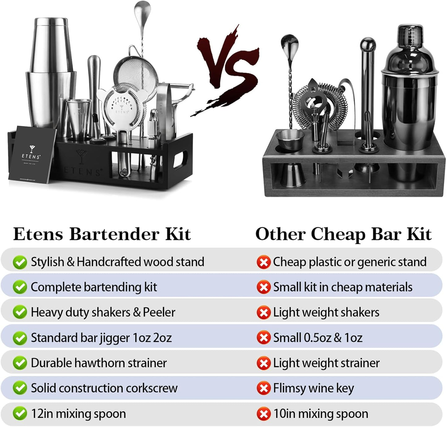 ETENS Cocktail Shaker Set Drink Mixer Bar Accessories – 15Pcs Mixology Bartender Kit Includes Boston Shaker, Japanese Jigger, Strainer, Bottle Opener, Cocktail Mixing Spoon – Handcrafted Wood Stand