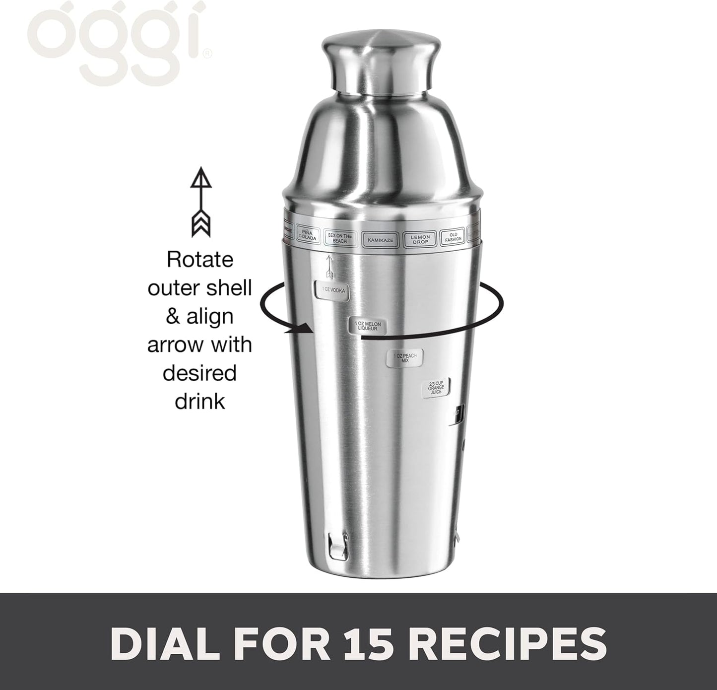 OGGI Dial A Drink Cocktail Shaker - Stainless Steel, 15 Recipes, Built in Strainer, 34 oz - The Original and Only Dial A Drink - Ideal Home Bar Drink Mixer, Bartender Kit, Essential Bar Accessories