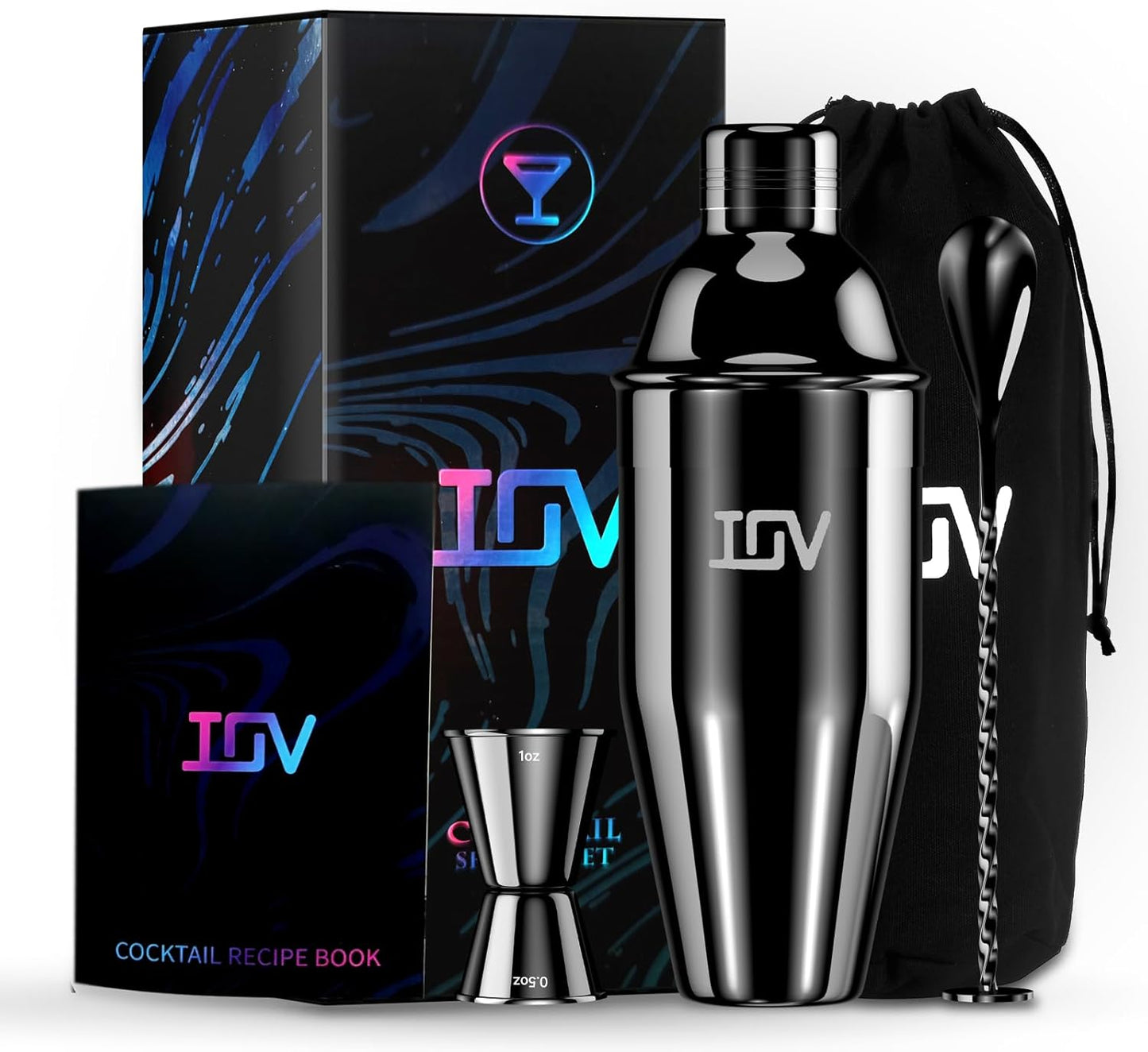 IOV Cocktail Shaker Bar Set, 24oz Martini Shaker with Built-in Strainer, Bar Tool Kit with Recipes Booklet, Professional Stainless Steel Large Bartender Drink Shaker Margarita Alcohol Mixer-Black