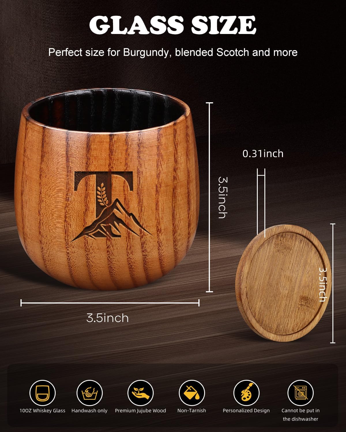 Charred Wooden Whiskey Glasses Personalized Bourbon Drinking Glass Ideas Gifts for Men Husband, Dad, Brother, Whiskey Lovers Birthday Insulated Old Fashioned Glass Whiskey Tumbler T