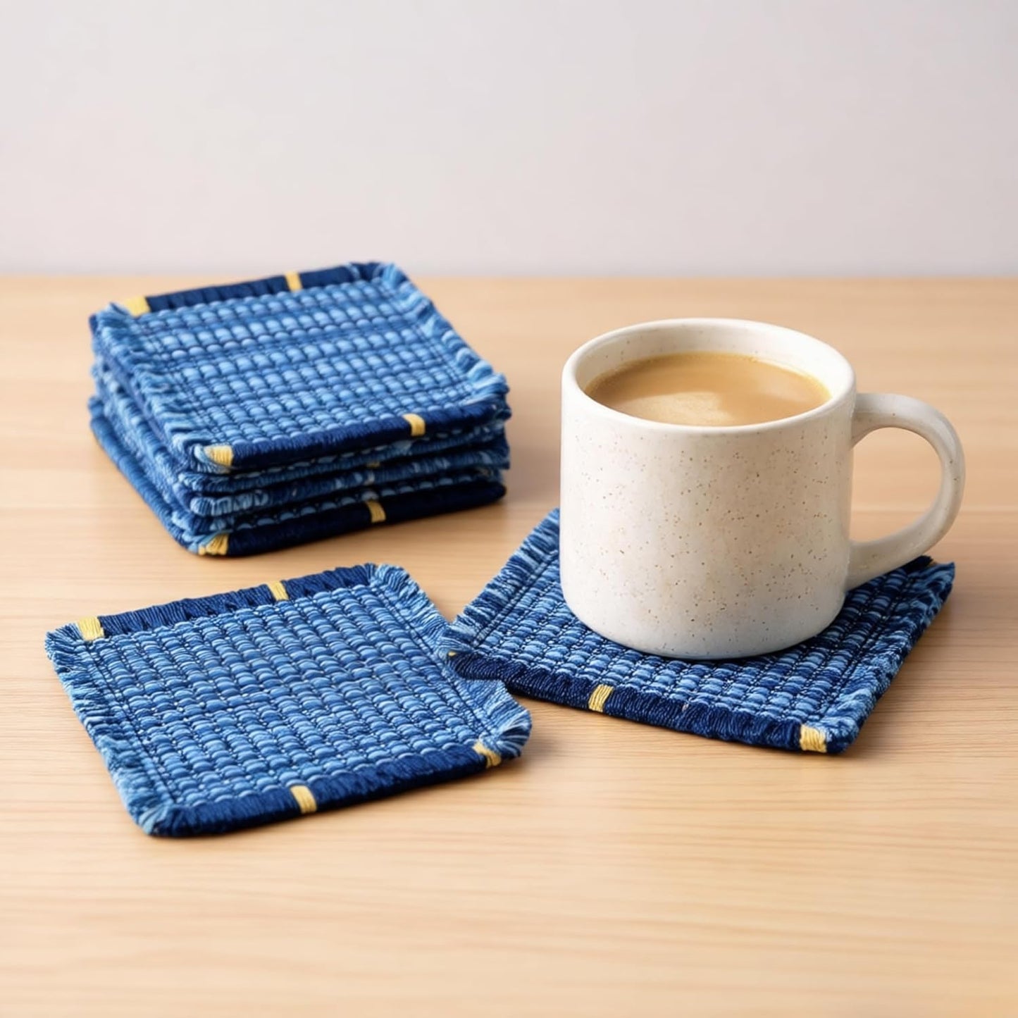 Boho Fabric Coasters for Home Decor Set of 6, Handcrafted Cotton Drink Coasters, Coastal Farmhouse Table Decor for Coffee, Tea & Cocktails, Housewarming Gift