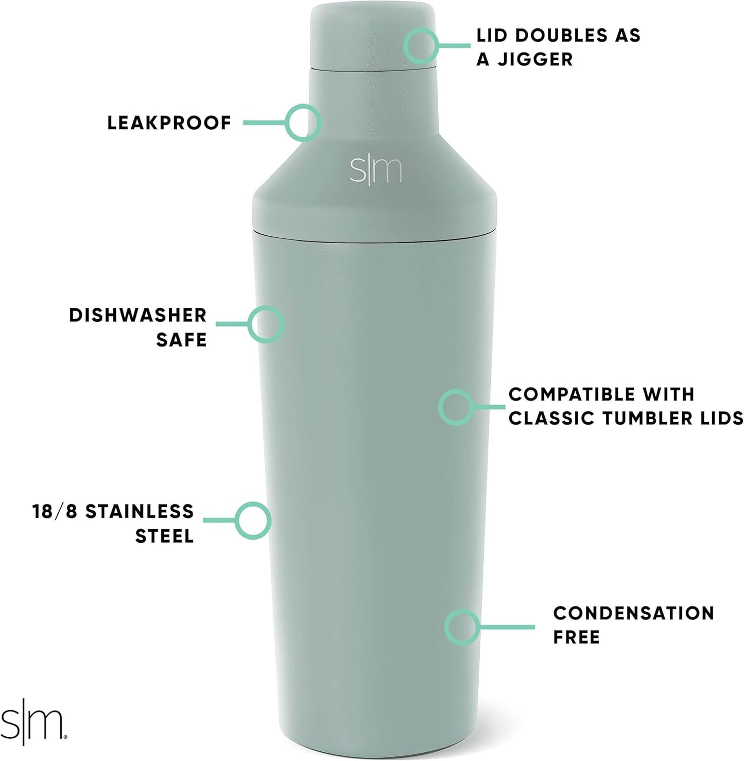 Simple Modern Cocktail Shaker Set with Jigger Lid | Stainless Steel Boston Shaker Insulated Martini Mixer for Mocktails | Gifts for Men Women Him Her | Classic Collection | 20oz | Sea Glass Sage