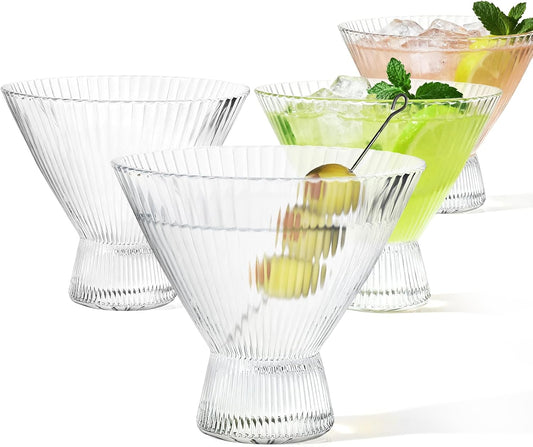 VIMERPA Martini Glasses, Ribbed Stemless Martini Glass Set of 4, 8oz Large coupe, for Champagne Espresso, Crystal Retro Style for Cocktail Bar Drinks, Vintage Art Deco Glassware