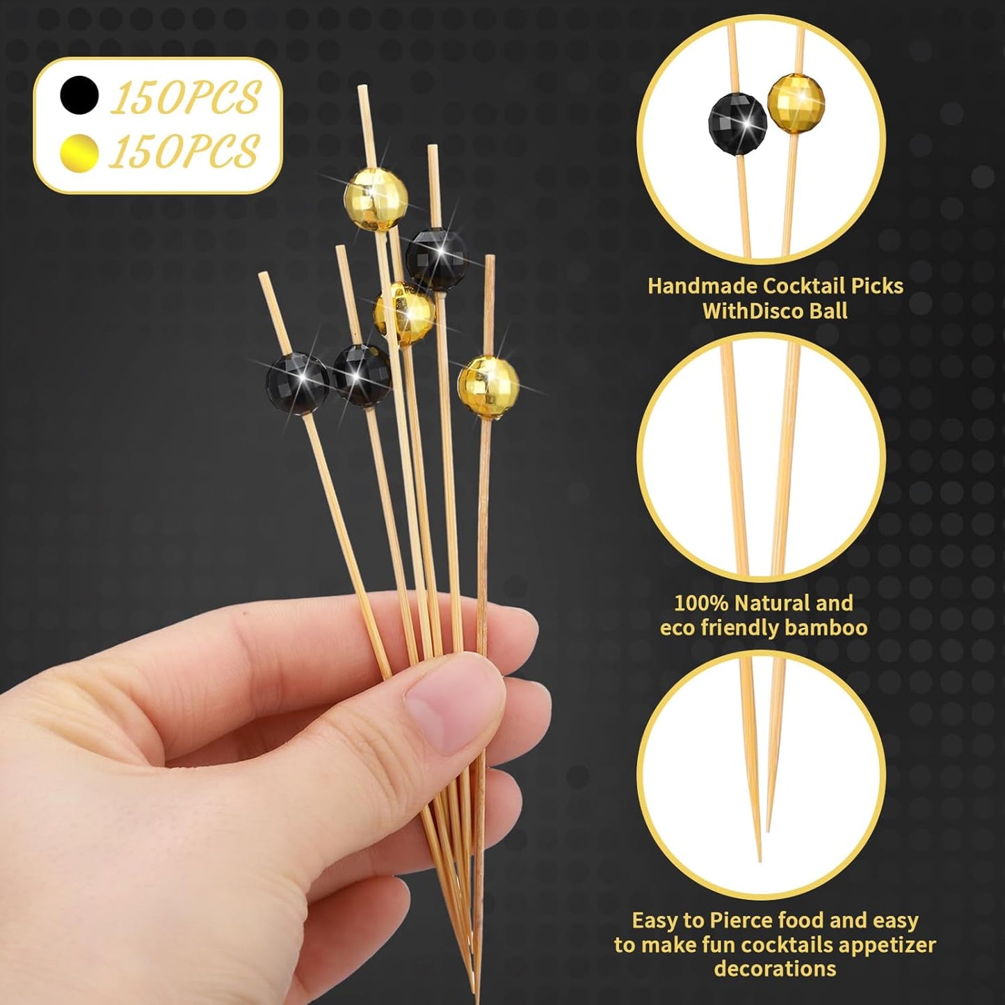 Hushee 300 Pcs Christmas Cocktail Picks Disco Ball Decorative Toothpicks for Appetizers Fancy Bamboo Skewers for Drinks Wedding Disco Party Decorations Christmas Party(Gold, Black)