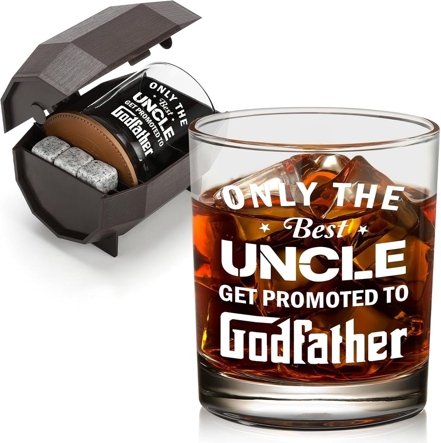 Godfather Proposal Gifts, Pregnancy Announcement Gift for Brothers & Uncles, Rocks Glass & Bourbon Barrel Set for Christmas, Only The Best Uncles Get Promoted to Godfather