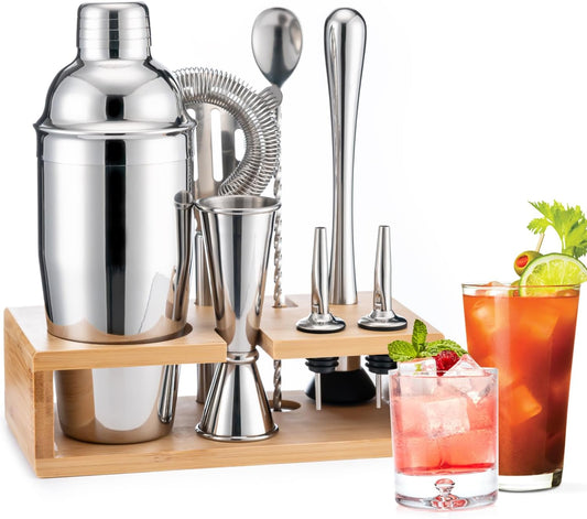 BRIOUT Cocktail Shaker Set Bartender Kit with Stand, Bar Set Drink Mixer Set with All Essential Accessory Tools: Martini Shaker, Jigger, Strainer, Mixer Spoon, Muddler, Liquor Pourers | Silver