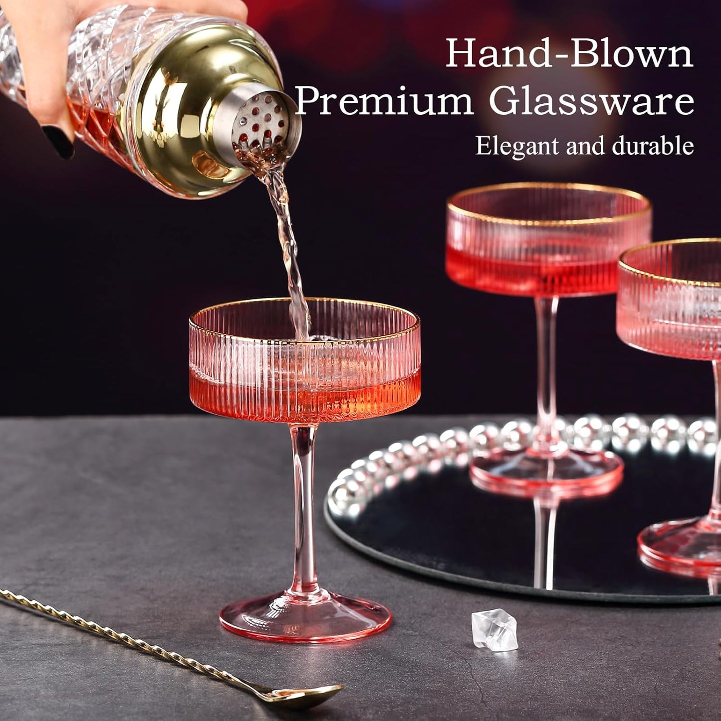 comfit Pink Martini Glasses Set of 4 with Bar Spoon – 10 Oz Espresso Vintage Coupe Ribbed Glasses with Gold Rim for Cocktail Champagne, Ideal Home Bar Gift for Women Mother's Day