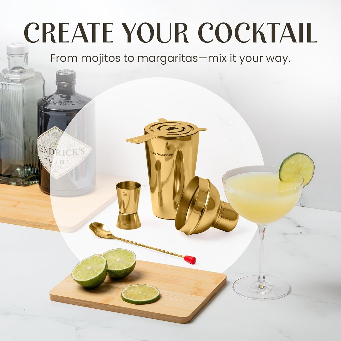 Modern Mixology Cocktail Shaker Set - Bartender Kit with Pine Stand | Leak-Proof Design | Includes Martini Shaker, Jigger, Strainer, Spoon, Tongs | Perfect Bar Tools Gift for Home Mixology (Gold)