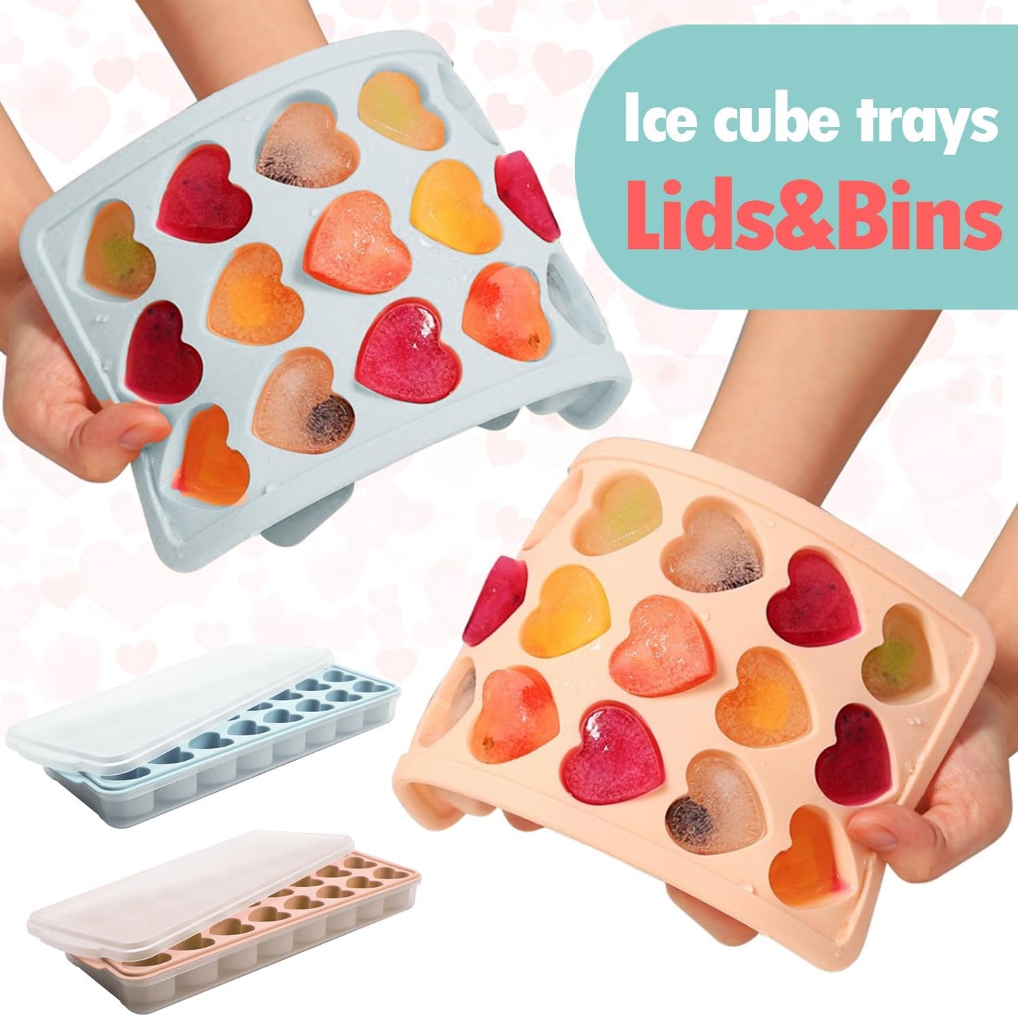 2 Pack Heart Shpaed Ice Cube Trays with Lids and Bins Ice Molds with Ice Storage Box, 48 Holes Silicone Heart Ice Cube Tray for Whiskey Cocktail Fun Shapes Cubes, with Lids & Bins