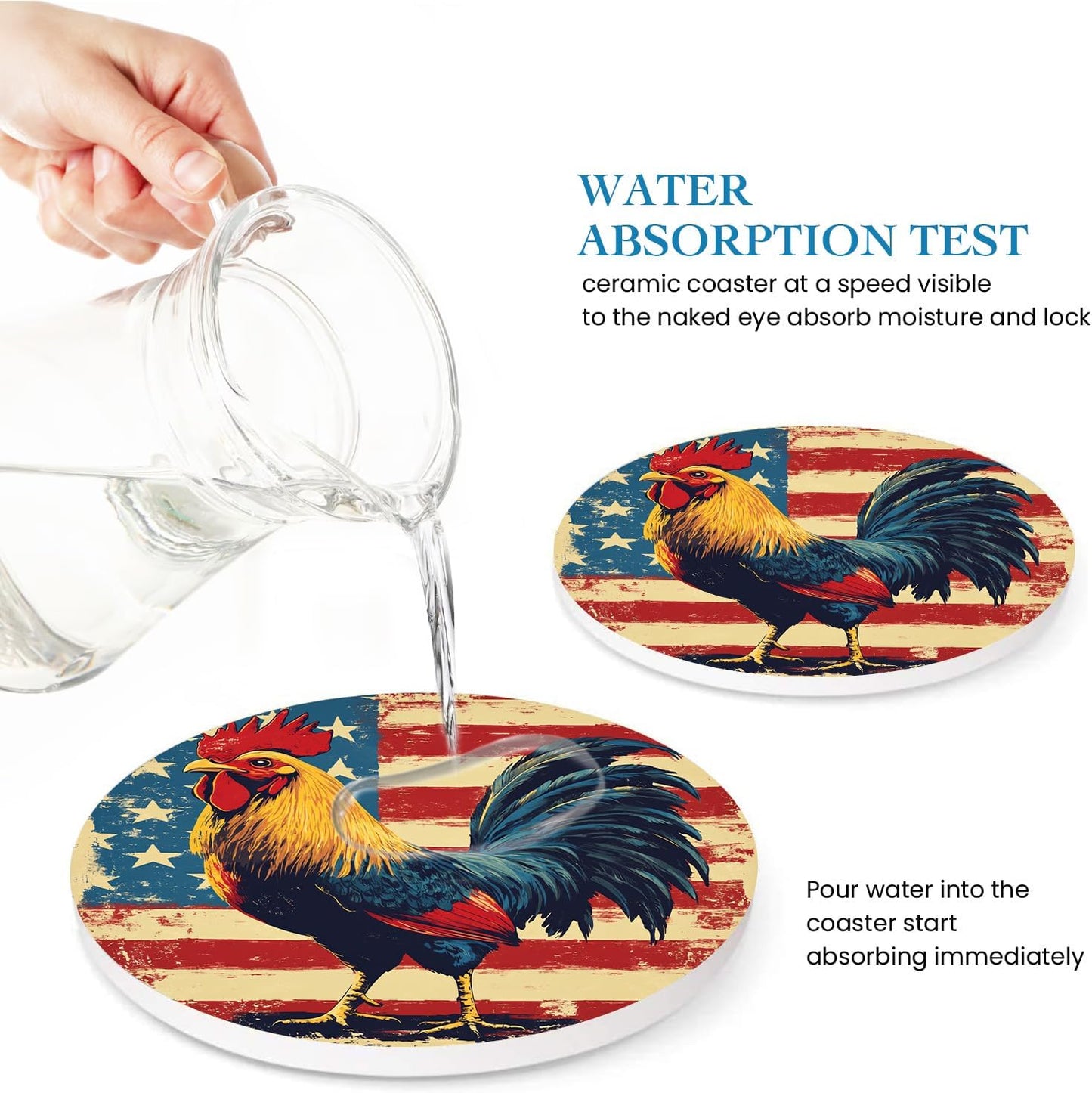 American Flag Coasters Set of 6, Rooster Retro Round Absorbent Ceramic Stone Coaster with Metal Holder and Cork Base, Country Vintage Drinks Coasters for Coffee Table, Kitchen, Party, Gifts