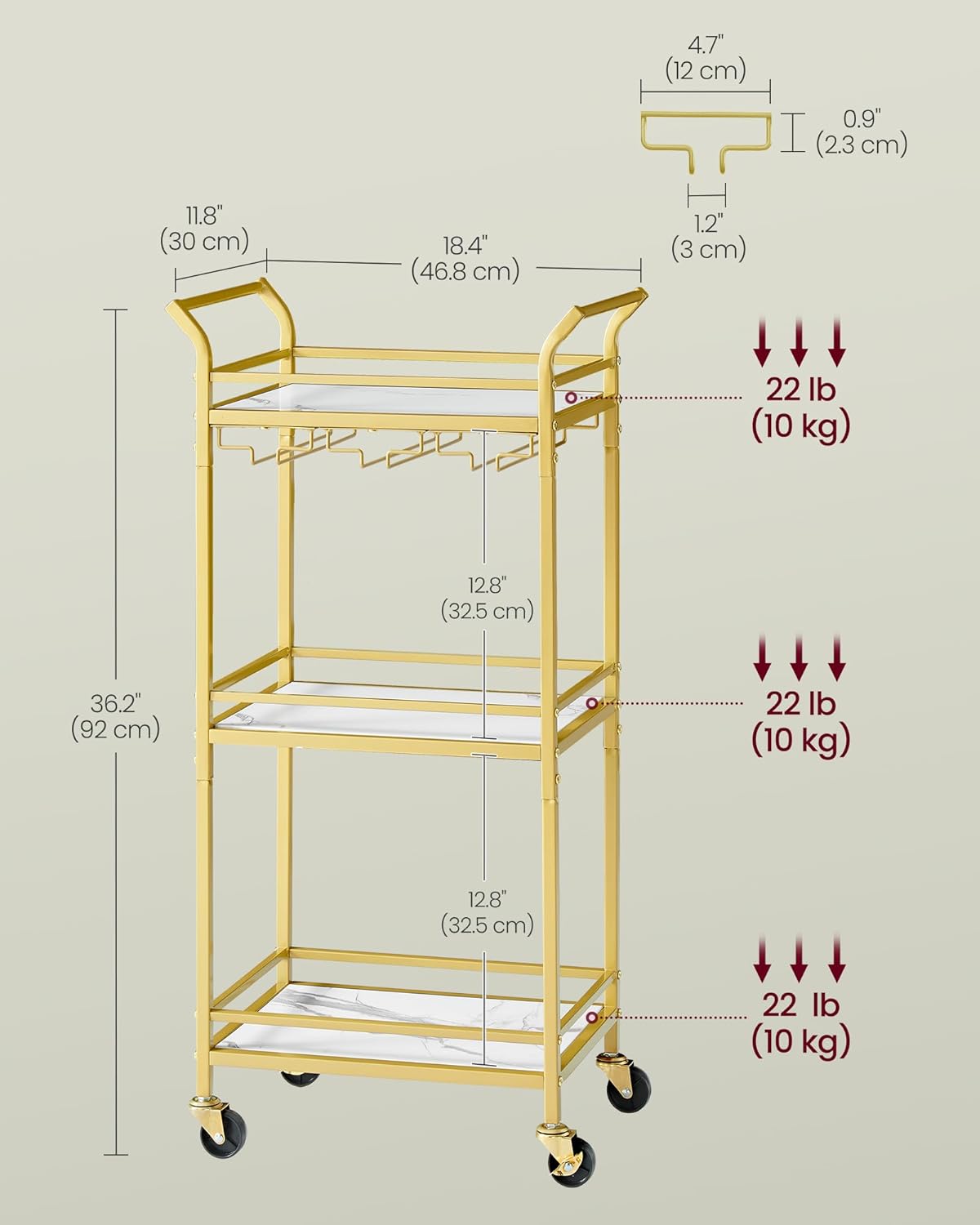 VASAGLE Bar Cart, Home Bar Serving Cart with 3 Tiers, Kitchen Shelf with Wine Rack, Glass Holders, for Small Spaces, Dining Room, Living Room, Pale Gold ULRC101A01