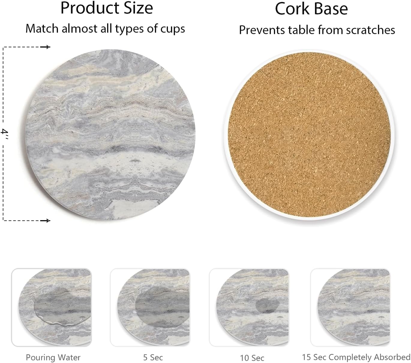 Set of 6 Light Gray Abstract Onyx Marble Coasters with Holder, Absorbent Ceramic Coasters for Drinks, Coasters with Cork Backing for Table Protection, Coffee Table Decor