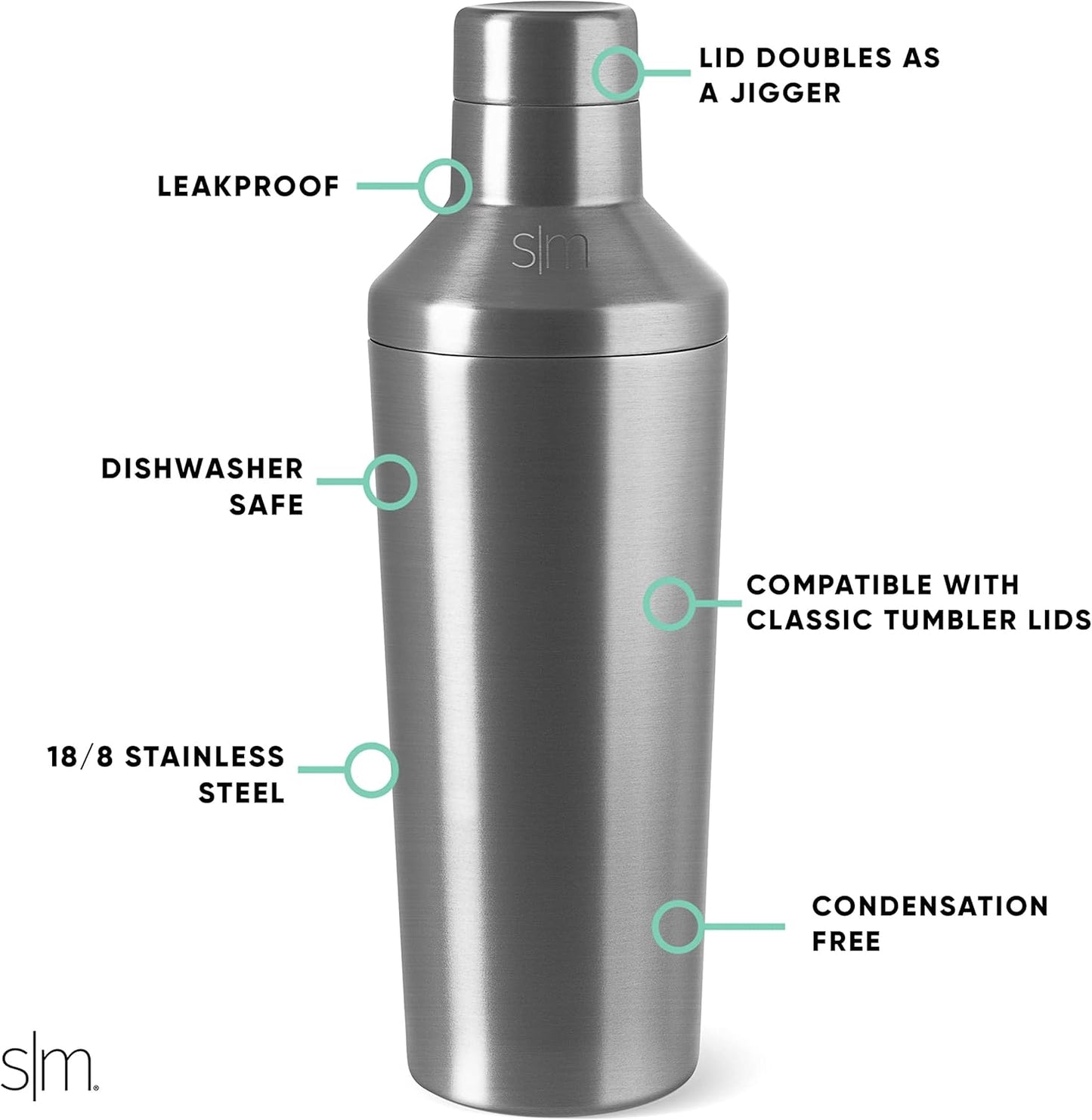 Simple Modern Cocktail Shaker Set with Jigger Lid | Stainless Steel Boston Shaker Insulated Martini Mixer for Mocktails | Gifts for Men Women Him Her | Classic Collection | 20oz | Simple Stainless