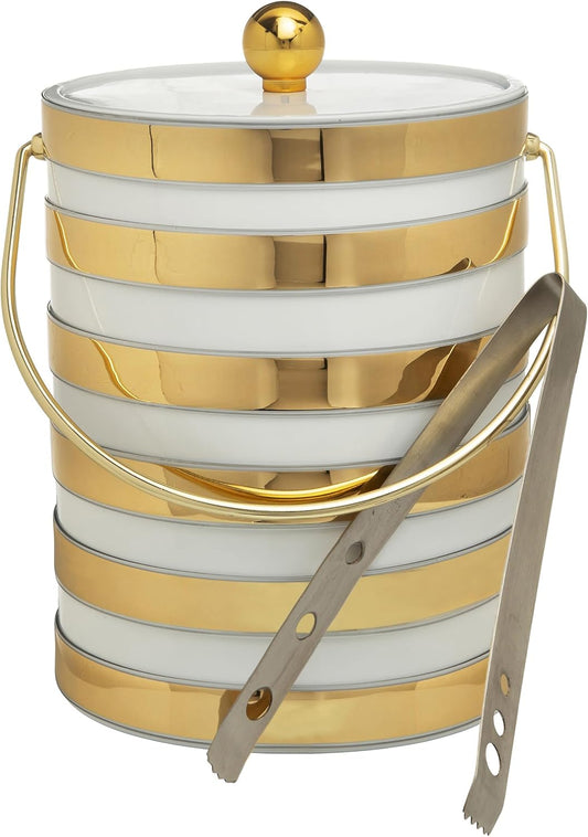 Made In USA Metallic Deco Collection Double Walled Insulated Ice Bucket With Ice Tongs (5-Quart, White & Gold Stripes)