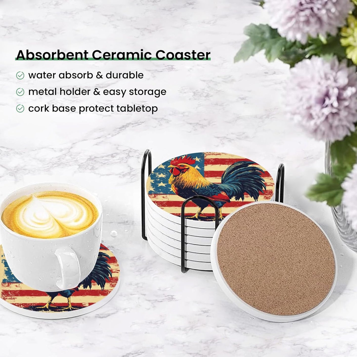 American Flag Coasters Set of 6, Rooster Retro Round Absorbent Ceramic Stone Coaster with Metal Holder and Cork Base, Country Vintage Drinks Coasters for Coffee Table, Kitchen, Party, Gifts