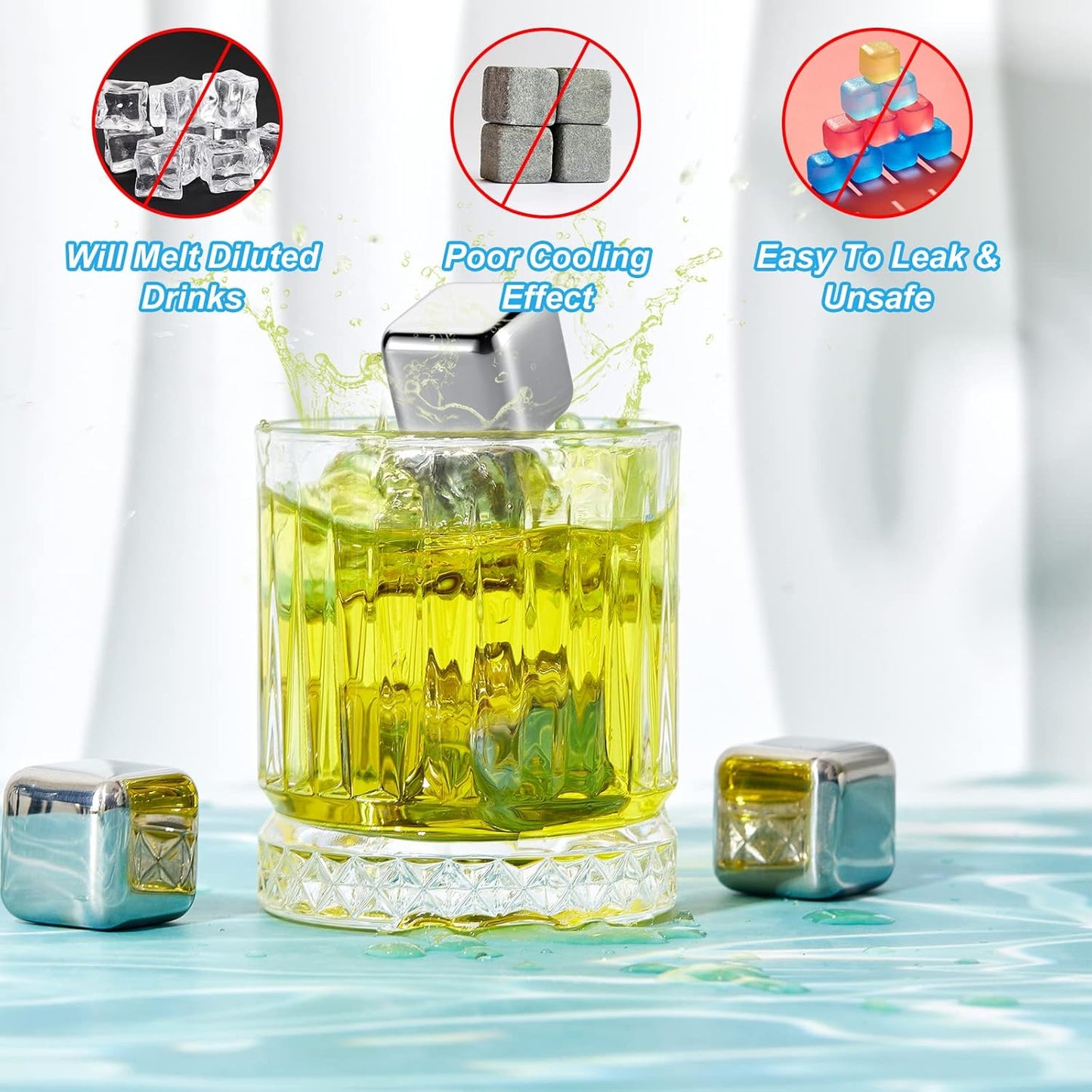 Yexiya 36 Pcs Reusable Stainless Steel Ice Cubes with Tongs Whiskey Cubes Vodka Metal Rocks Tool Ice Stones Rocks for Summer Drinks Chilling Whiskey Iced Coffee Vodka Liqueurs Wine Not Solid