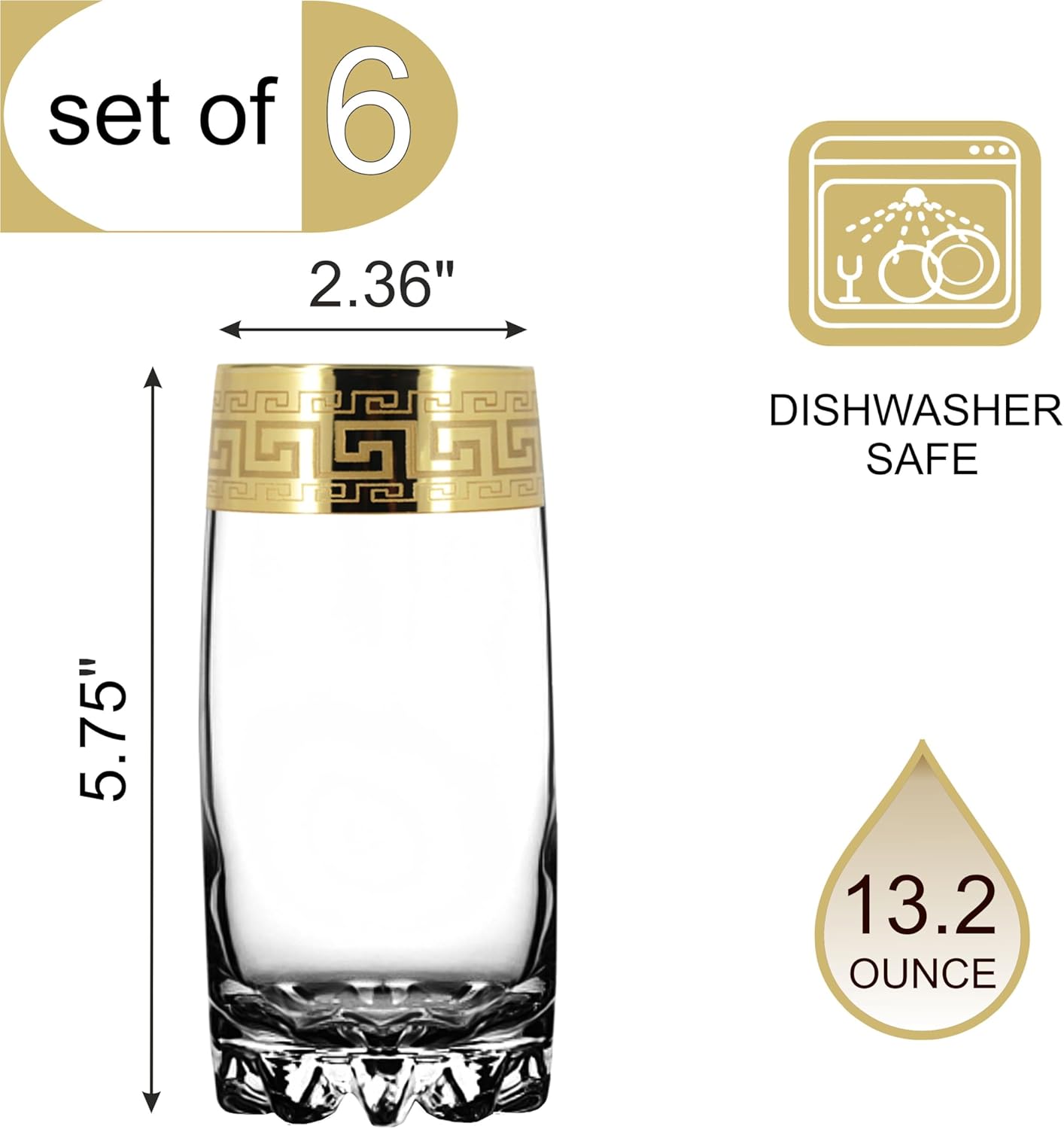 Joseph Sedgh Collection Greek Key Highball Glasses Set of 6-13 oz Tall Glasses. Ideal for Water, Mojitos, Mixed Drinks, Dishwasher Safe Premium European Grade Glassware